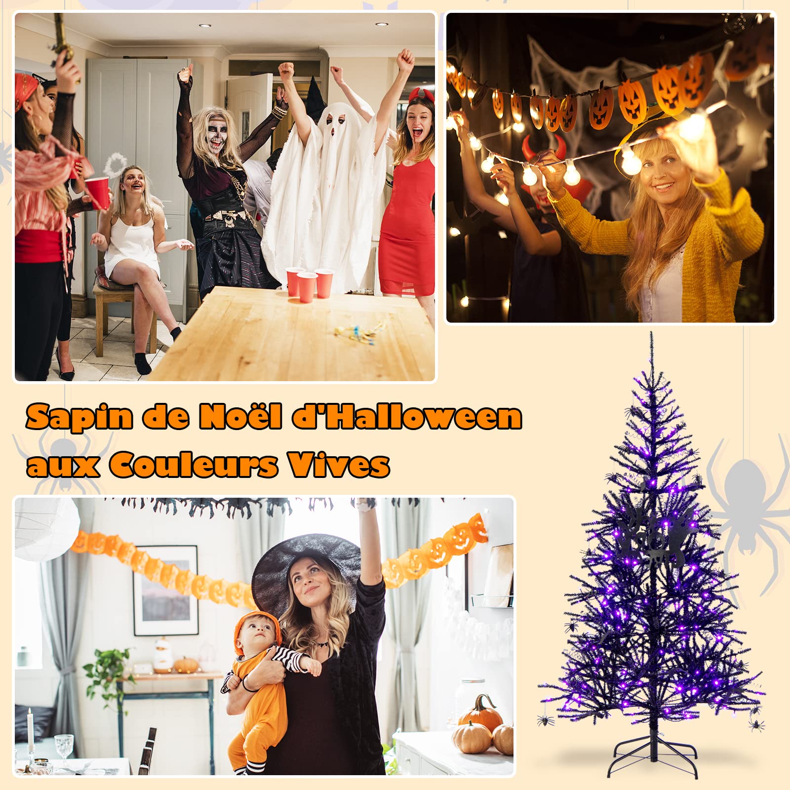 COSTWAY Sapin de Noël Noir 180 CM, 250 Lumières LED Violette et Accessoires d'halloween, Sapin Artificiel d'halloween avec 791 Branches en PVC, Arbre de Décoration pour Maison, Bureau, École