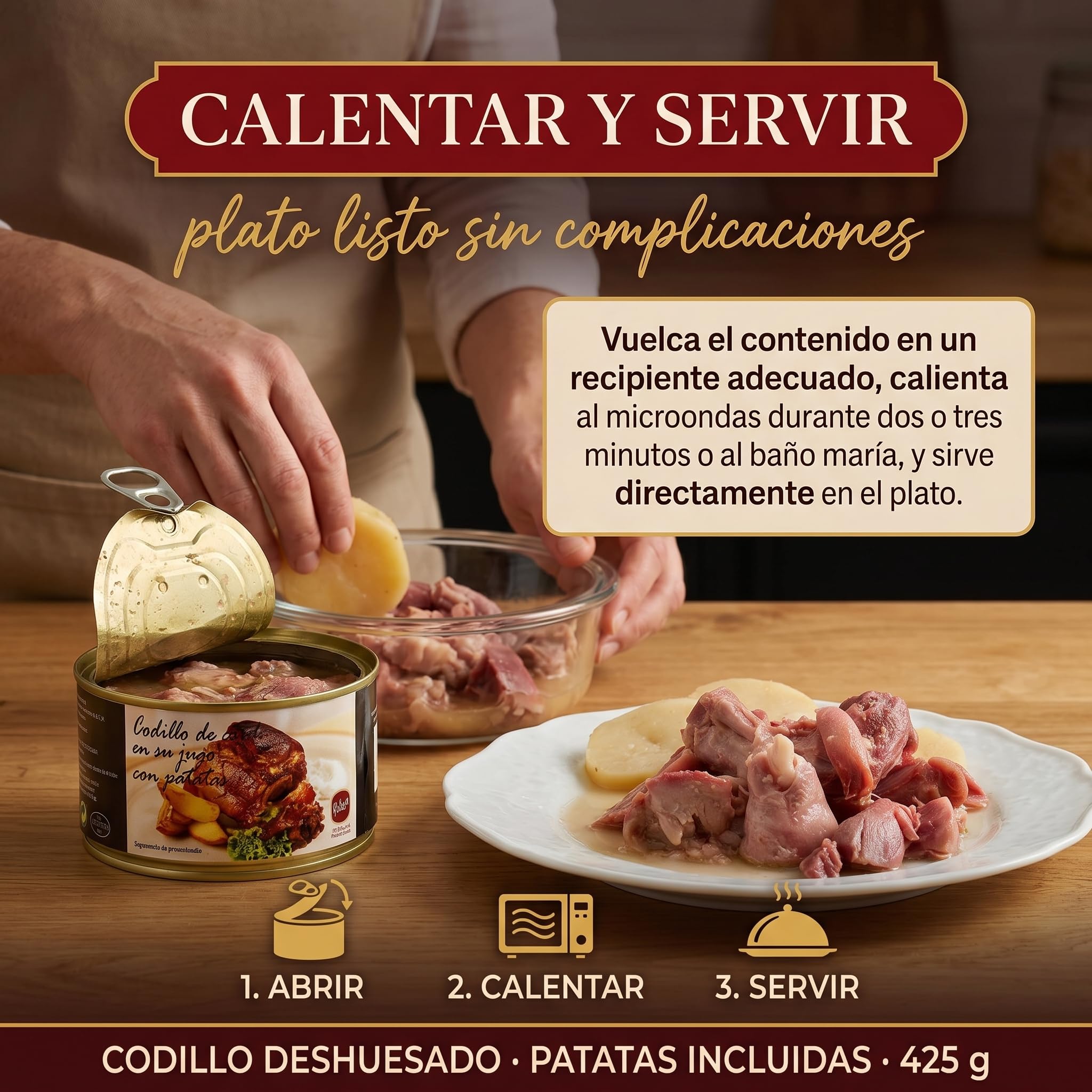 POLGRI Codillo de Cerdo en su Jugo Deshuesado con Patatas Lata 425 g Conserva Carne Cocinada Receta Manchega