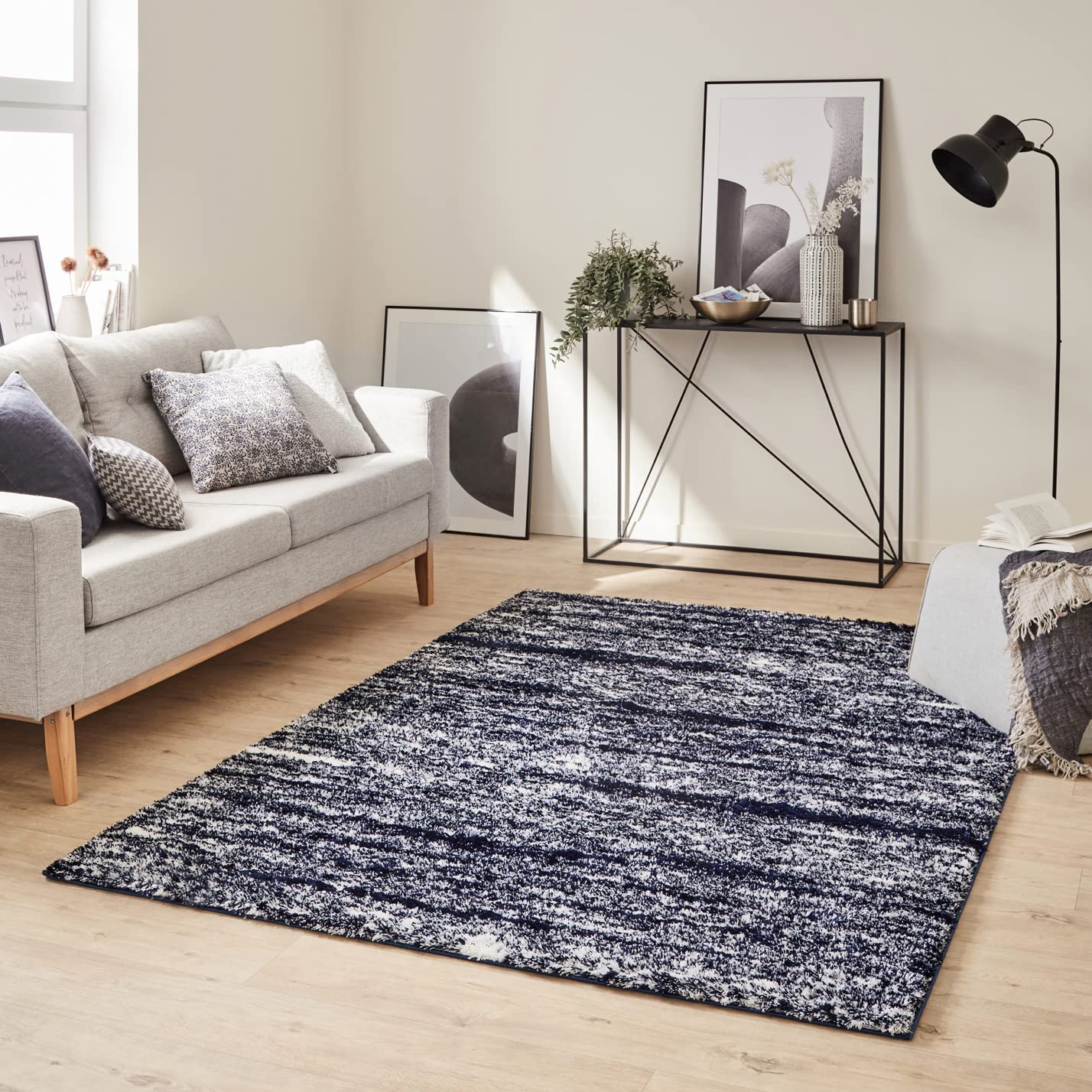 Nazar Tapis Shaggy Doux à Motifs Géométrique, Tapis Salon, Tapis Chambre, Tapis Couloir, Moelleux, Moderne, Beige, Gris, Bleu, Rouge (584 Bleu, 120x160 cm)