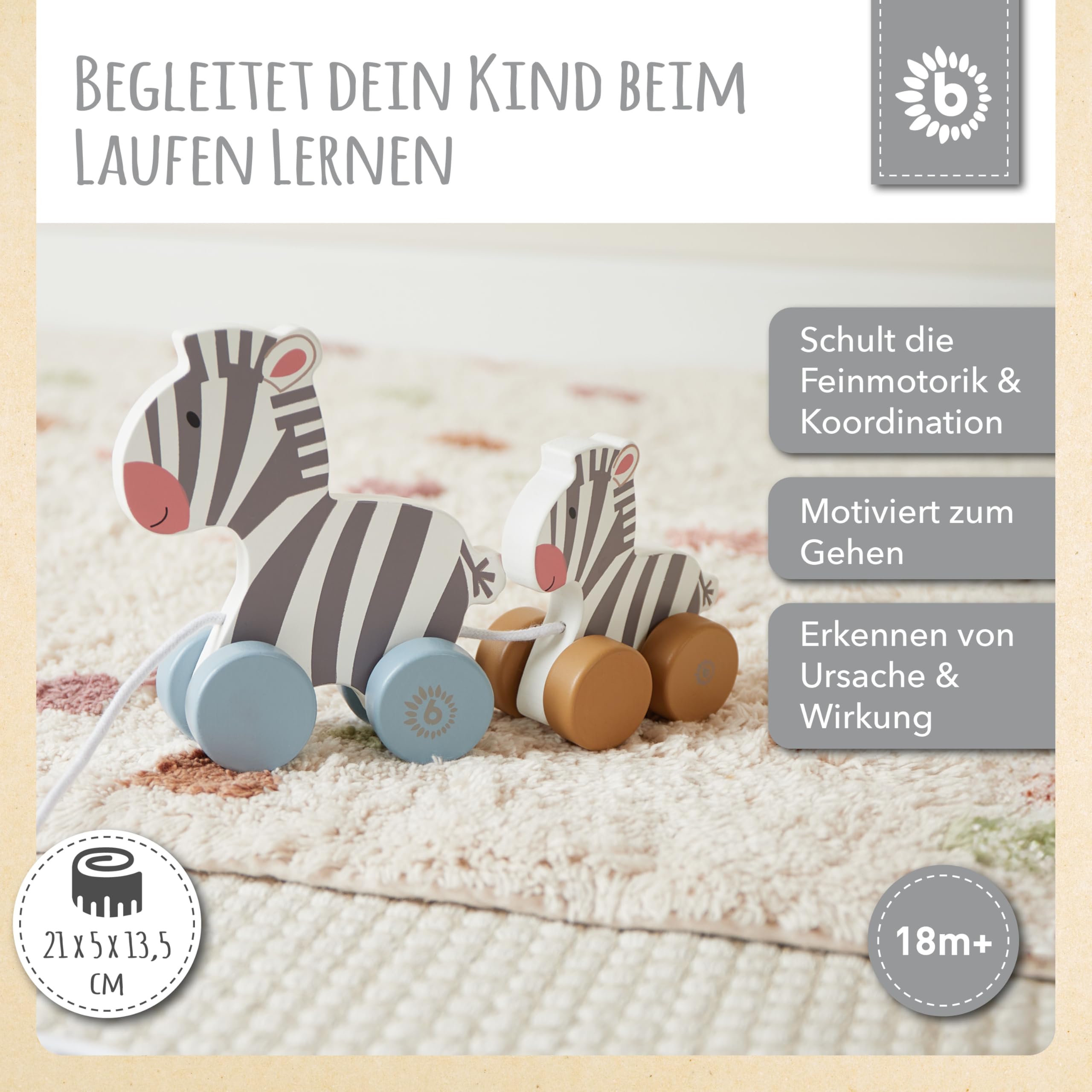 Bieco Holzspielzeug Baby Zebra - Hinterherzieh Tier zum Hinterherziehen - Holzspielzeug Baby ab 1 Jahr - Nachziehtier Holz Hinterherzieh Spielzeug ab 1 Jahr Spielzeug für 1 Jährige Nachzieh Spielzeug