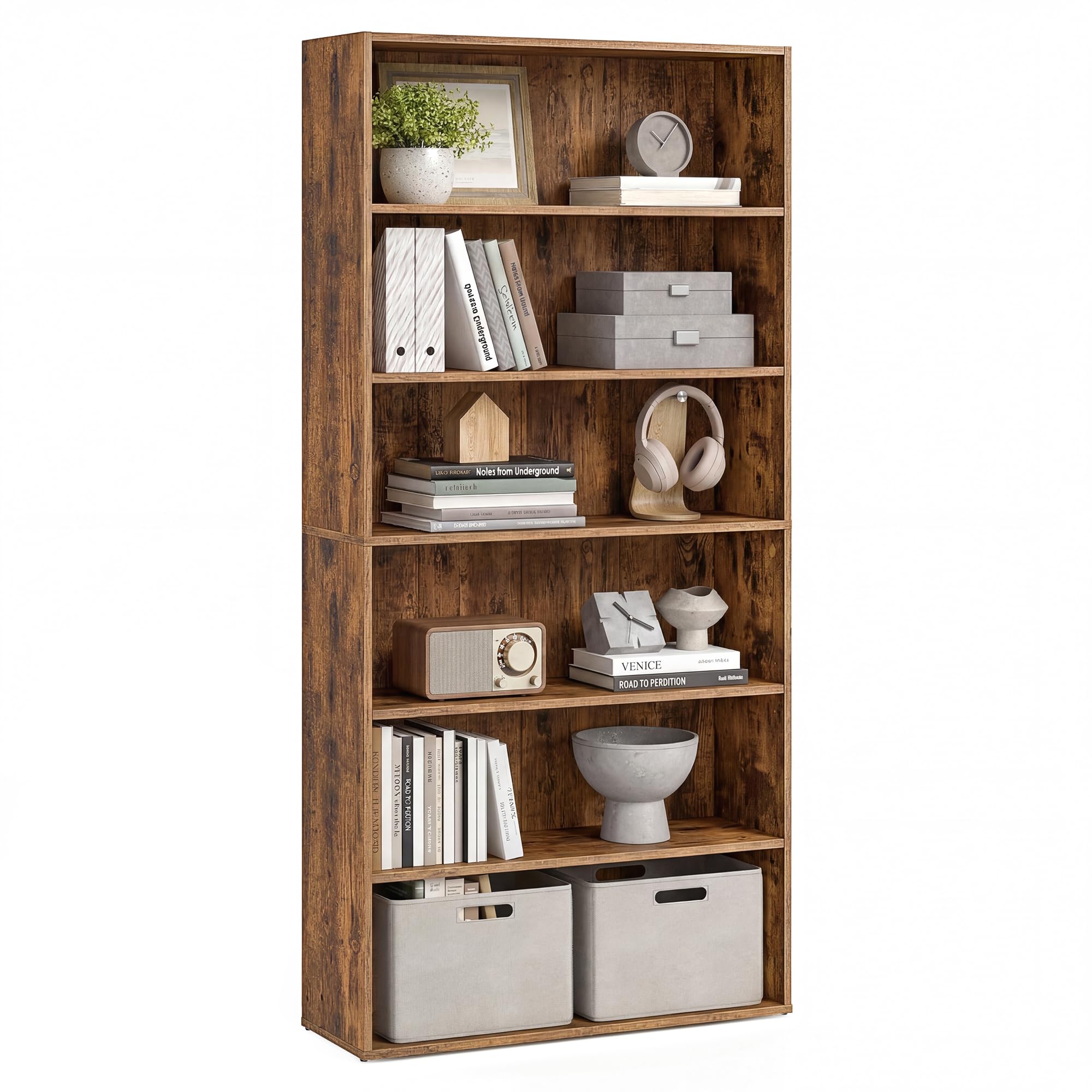 VASAGLE Collection - Bookshelf, 6-Tier Cube Bookcase, Storage Shelving Unit, Display Shelf, Open Compartments, 24 x 80 x 160.7 cm, Living Room, Home Office, Bedroom, Rustic Brown CUSTOS LBC412KD01