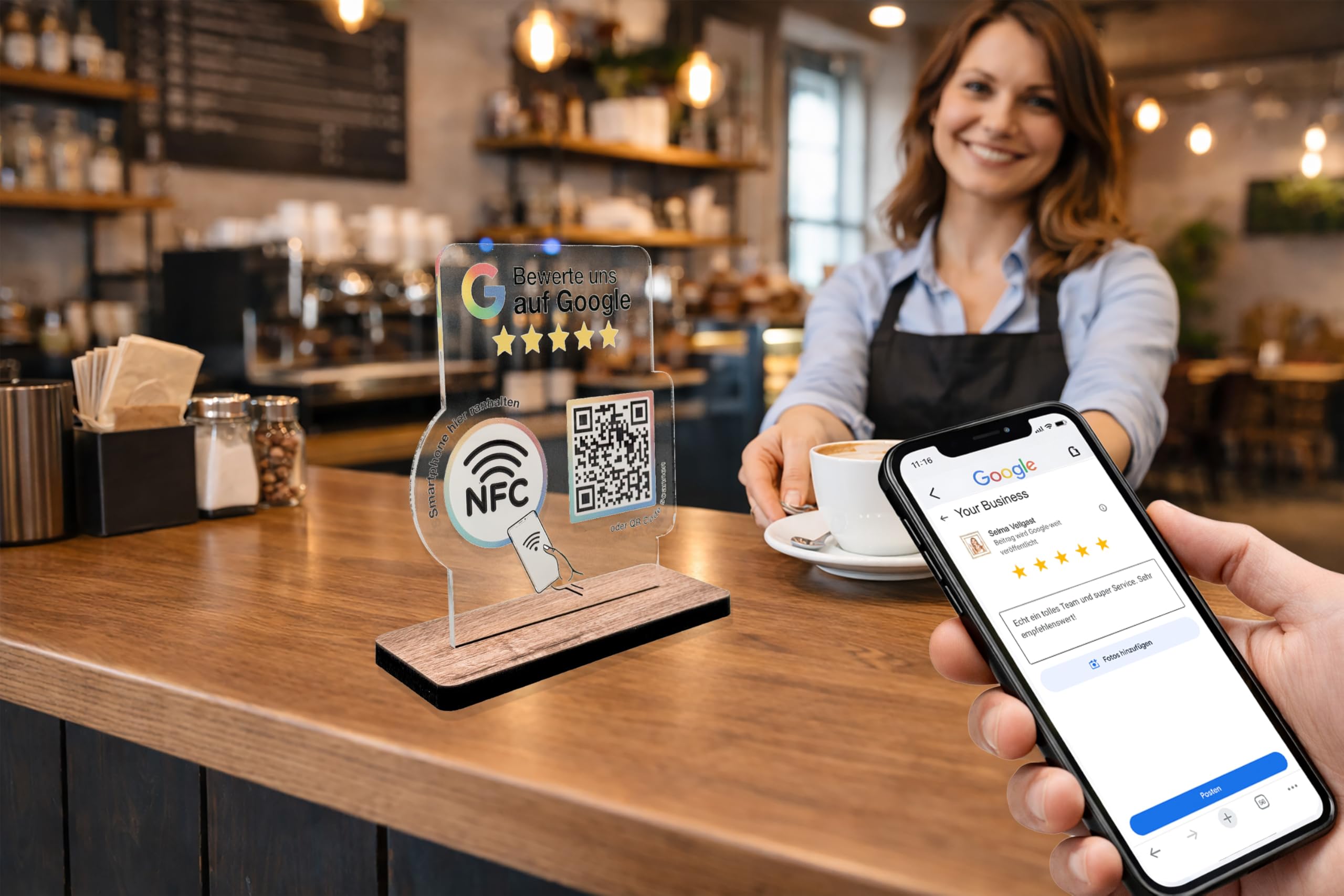 Aufsteller für google Bewertung NFC & QR-Code - Schild/Display für Bewertungen für Theke, Empfang, Praxis, Restaurant, Studio - Bewertungsaufsteller für Rezensionen/Review (transparent, V2 DIN A6)