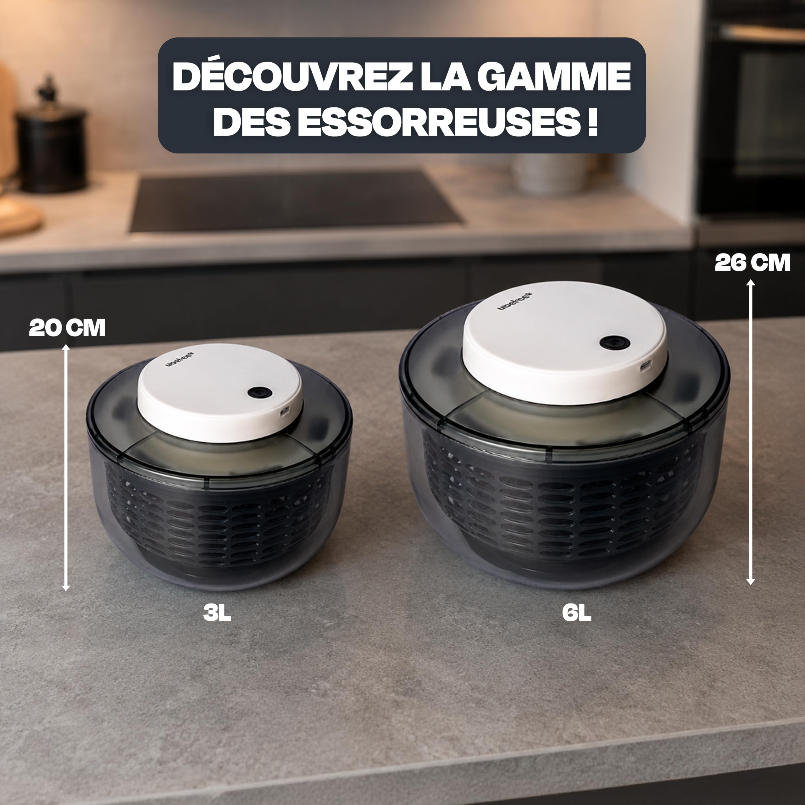 Mastrad - Essoreuse À Salade Électrique - 4L - 600 Tours/Min - Rechargeable USB-C – Essorage Rapide Automatique - sans Effort – Pieds Antidérapants – Bol Amovible – Grise