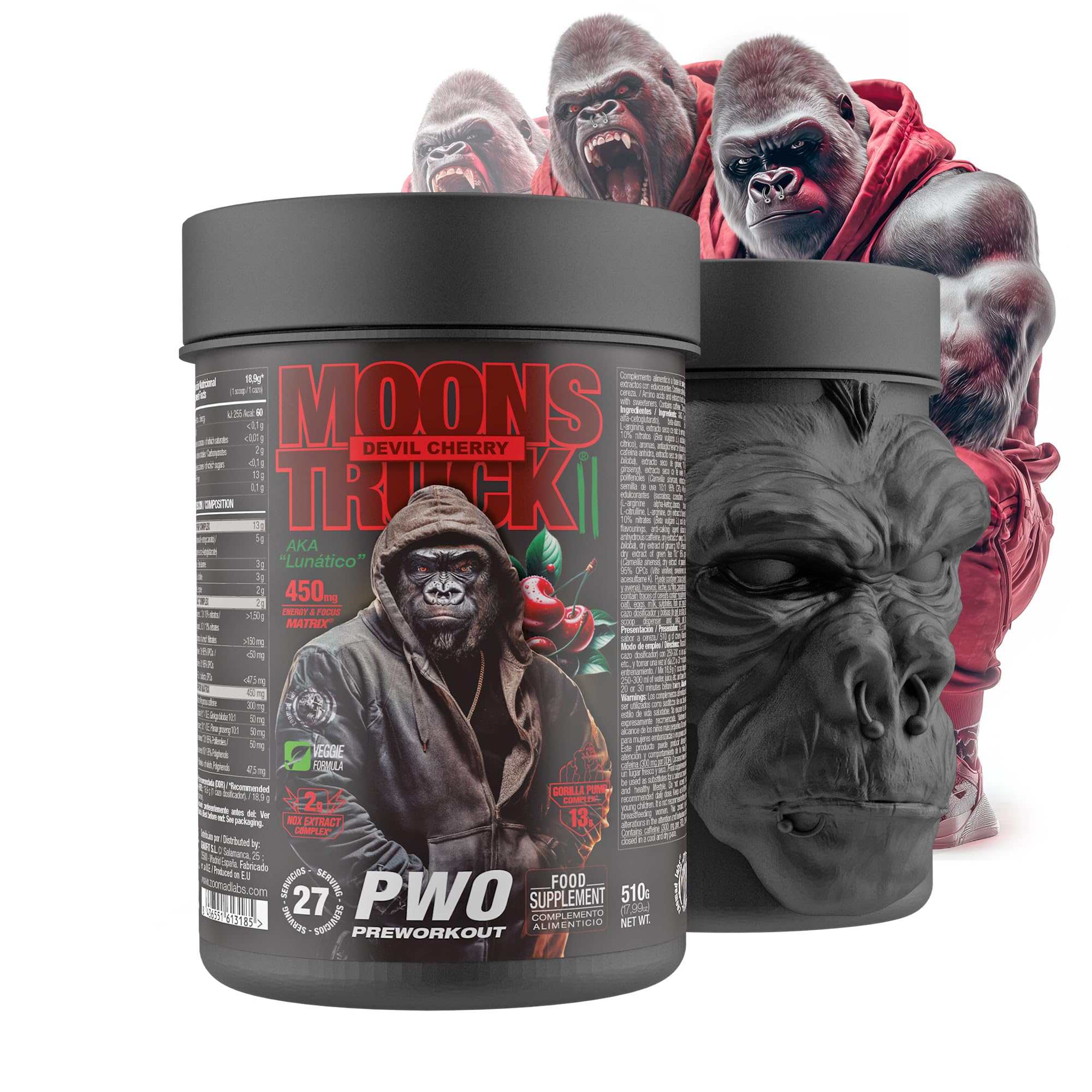 Zoomad Labs Moonstruck II Pre Workout 510 g — Pre Workout Potente Citrullina Beta Alanina AAKG · Gorilla Pump 13 g · Nitrati Barbabietola · 299 mg Caffeina · 27 Porzioni