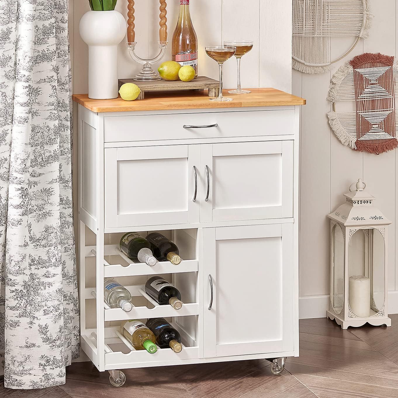 SoBuy Carrito Auxiliar de Cocina con Ruedas Mueble Cocina Auxiliar con Cajón, Botellero y Estantes Carro Cocina Multifuncional como Mesa Auxiliar para Estantería Comedor Exteriores Blanco FKW45-WN