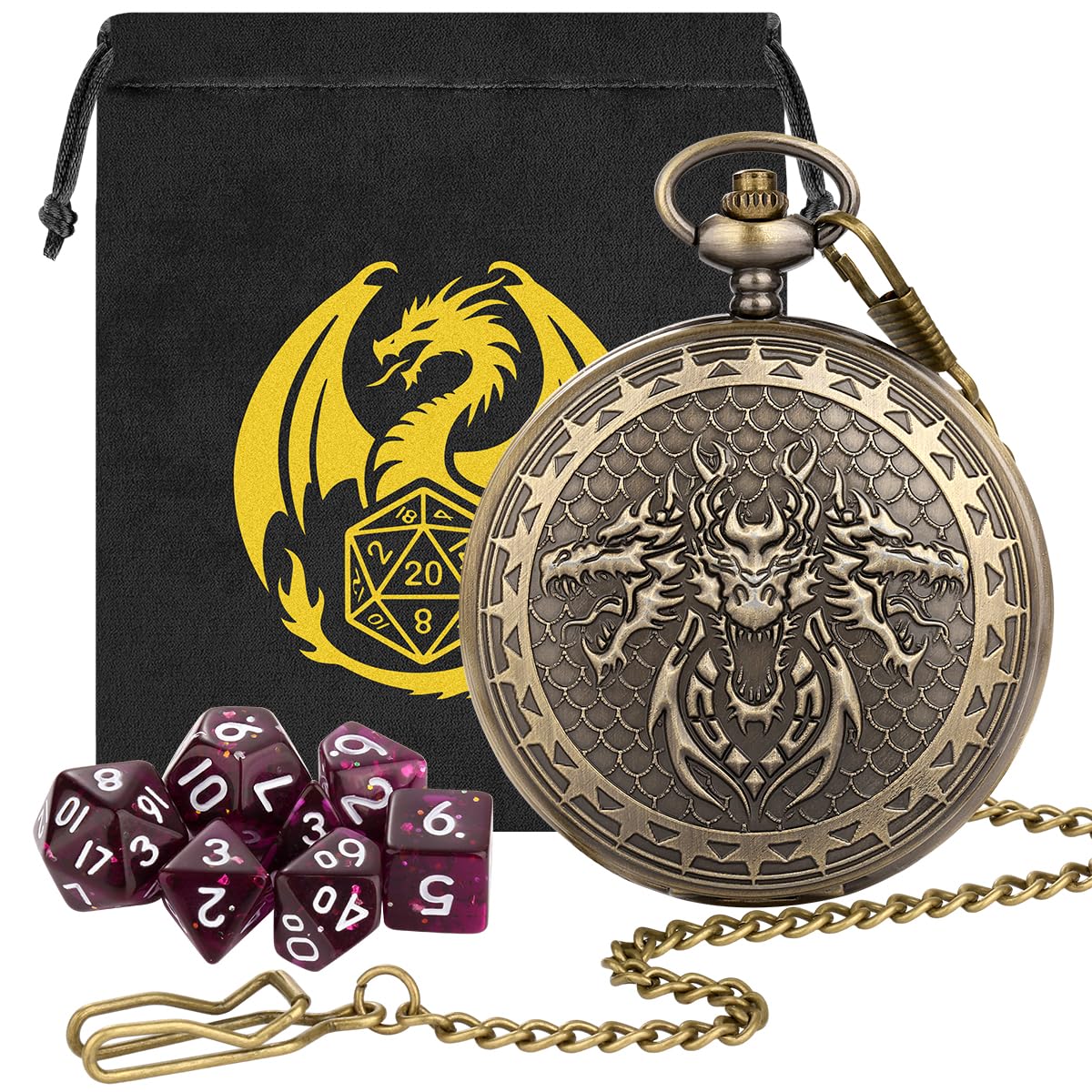 Mini DND Dice Set, 7pcs Polyhedral Acrylic Dice Set, with Three-Headed Dragon Pocket Watch Case, DND Starter Set, DND Gift Bag with Dragon Logo, Role Play Board Game Accessories, Bronze + Purple