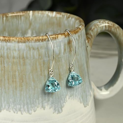 Miniatura 8 de Handmade Dangle Earrings for Women - Aquamarine Blue Quartz Sterling Silver in Gift Box - Sparkly Blue Quartz Trillion - Lightweight Dangling -