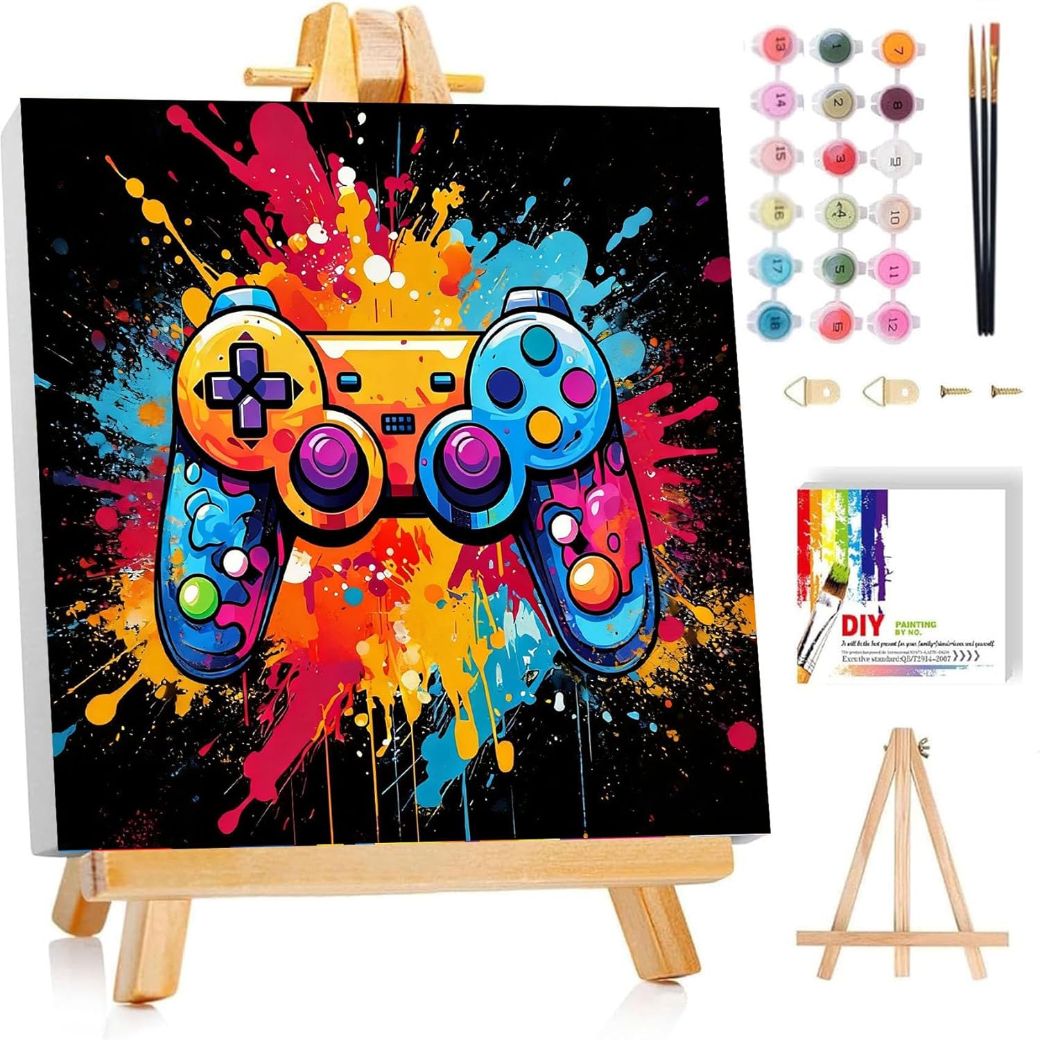 bleihum Game Paint by Numbers Kit for Kids with Frame Wooden Easel, Controller Paint by Number Kids, DIY Acrylic Painting by Numbers for Teen Boys Gamer Room Decor 8x8 Inch