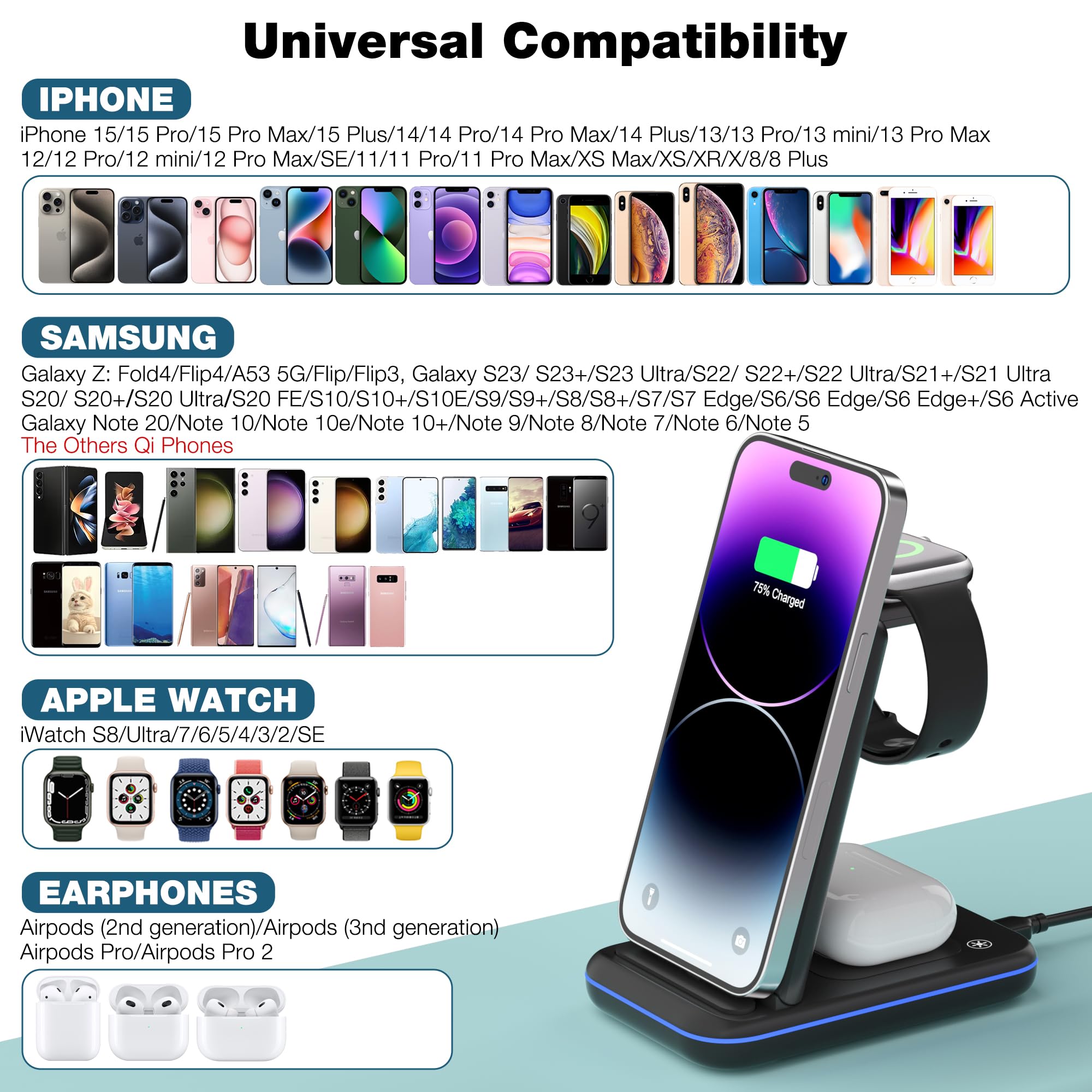 Wireless Charger, 3 in 1 Fast Charging Station (Foldable Charging Station)