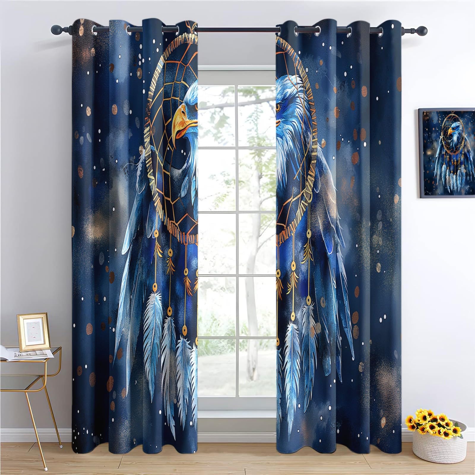 Generisch Blickdicht Vorhang Ösenschal Verdunkelungsvorhang 3D Fantasy-Stil Traumfänger Adler Gardinen Kinderzimmer Wohnzimmer Thermovorhang Polyester Vorhänge 183 x 117 cm 2Er Set