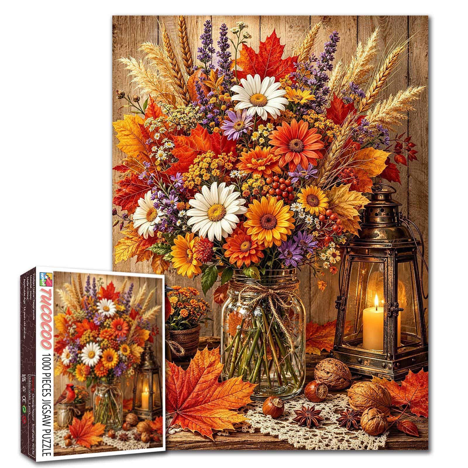 Fall Flower Puzzle 1000 Pieces for Adults, Autumn Floral Bouquet Jigsaw Puzzle Wildflowers Leaves Lantern and Cardinal Bird Puzzles, Rustic Farmhouse Artwork, Thanksgiving Home Wall Decor Gifts