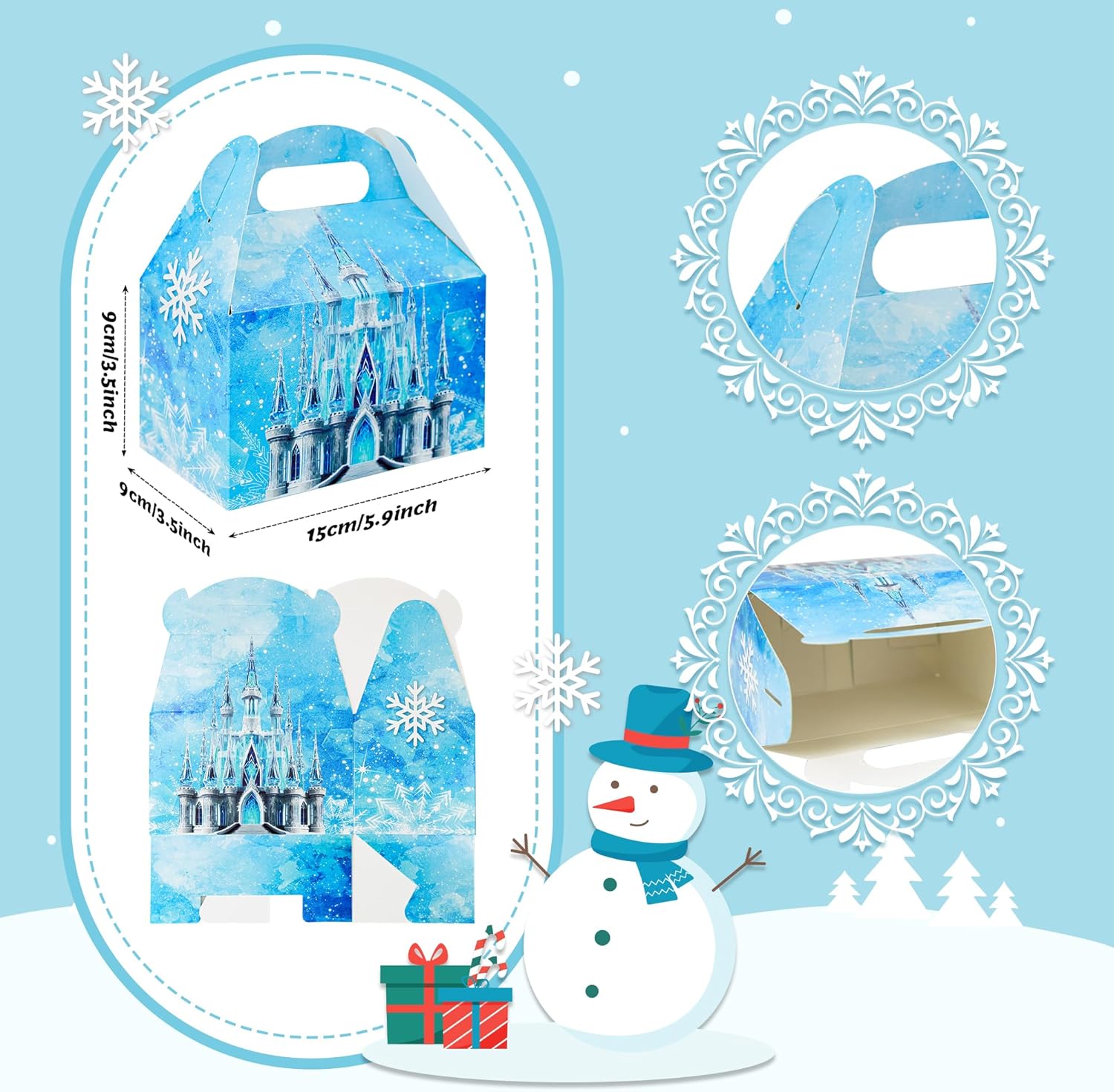 16Pcs Snowflake Party Favor Goodie Bags Treat Boxes Snowflake Castle Gift Boxes for Winter Snow Party Supplies(5.9 x 3.5 x 3.5 Inch) - Image 2