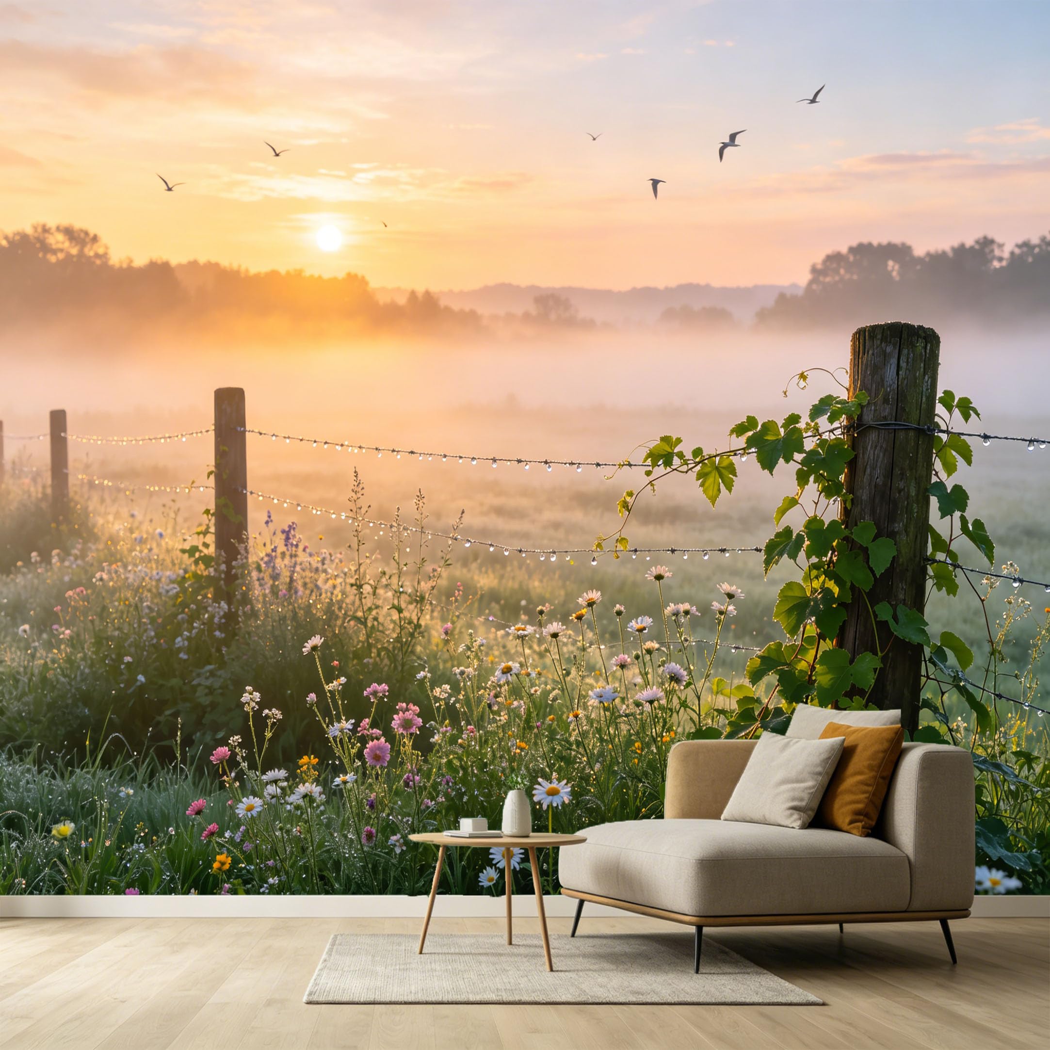 Custom Size Wall Murals Morning Mist Farmhouse Landscape Wildflowers Wooden Fence SelfAdhesive Wall Fabric Removable Large Wallpaper for Photo Living Room