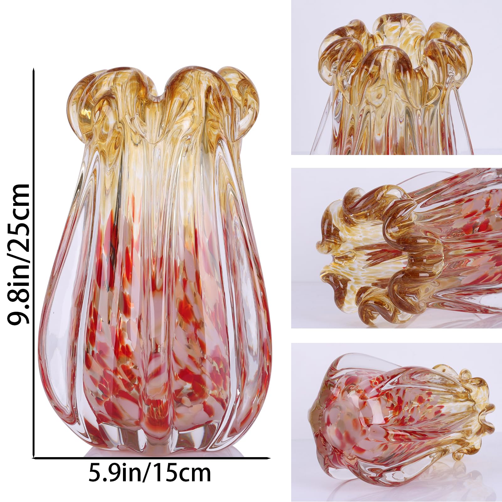 Vase en verre soufflé à la main, 24 cm, dégradé rose et ambré, vase en verre avec bord ondulé unique, vase à fleurs décoratif fait à la main pour salon, centre de table, décoration d'intérieur, cadeau