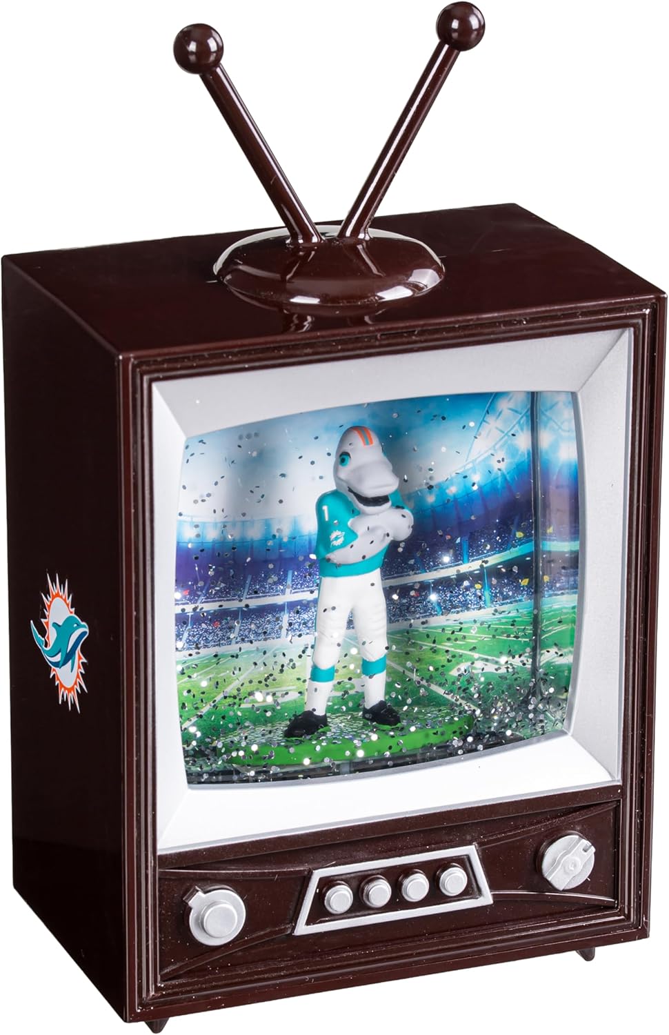 NFL Miami Dolphins Snow Globe Lantern, Vintage TV Water Globe with Lights & Swirling Glitter, Battery Operated Christmas Football Tabletop Decoration, Memorabilia Gift for Men & Women Fans