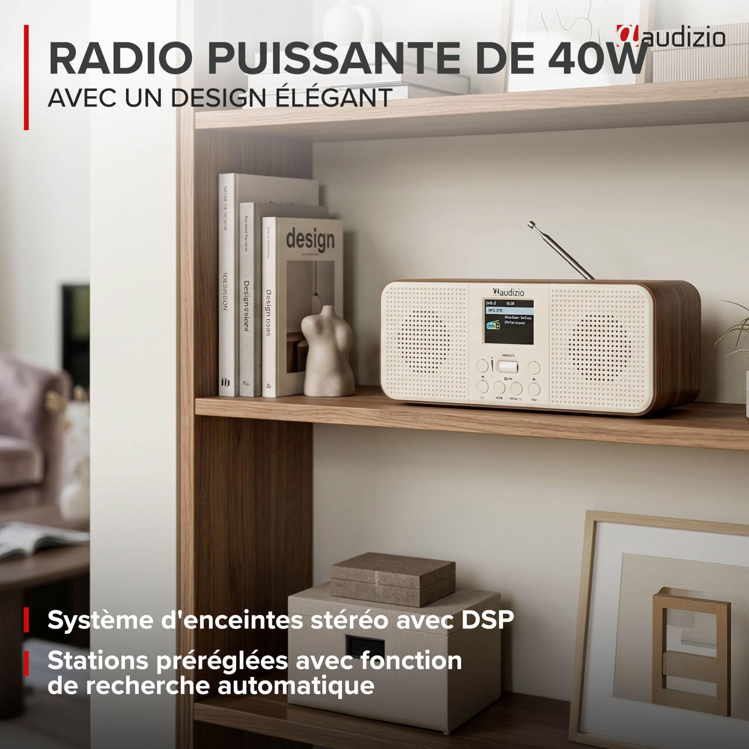 Audizio Bucine Radio Internet WiFi Dab+ FM BT 40W, Radio Numérique Stéréo avec Écran Couleur, Télécommande, Alarme Et Minuterie, Design Crème Élégant Maison