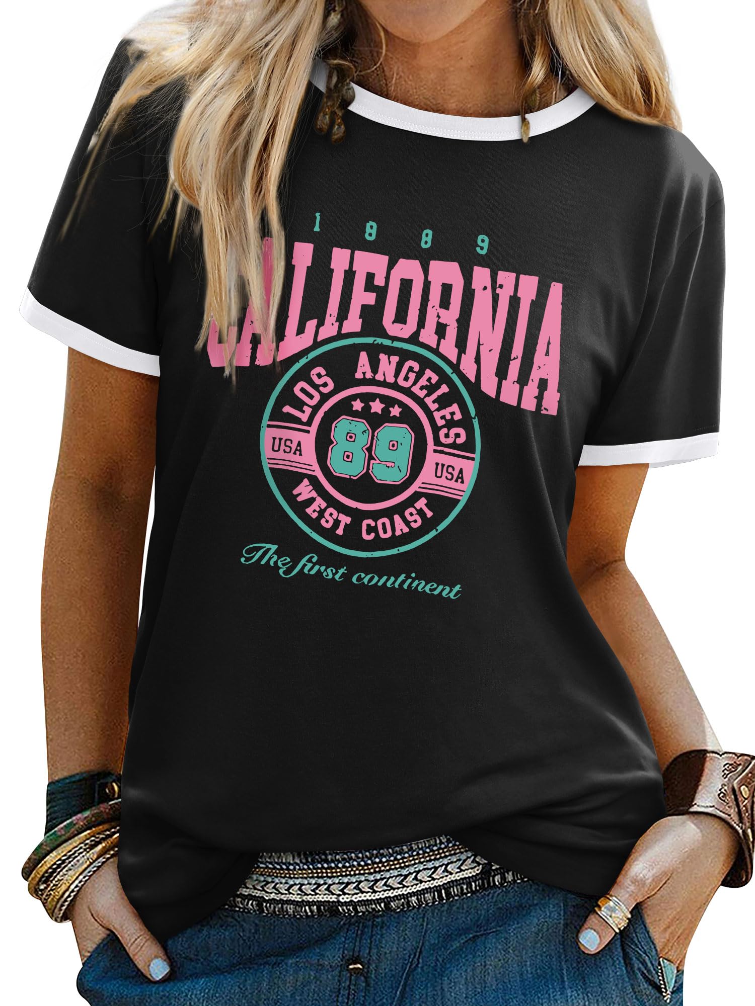 Yihelian Damen Retro T Shirt Vintage Baumwolle Sommer Oberteil | Lässiges Ringer-Shirt mit California & Hawaii& Florida& Los Angel Print im 80er 90er Style