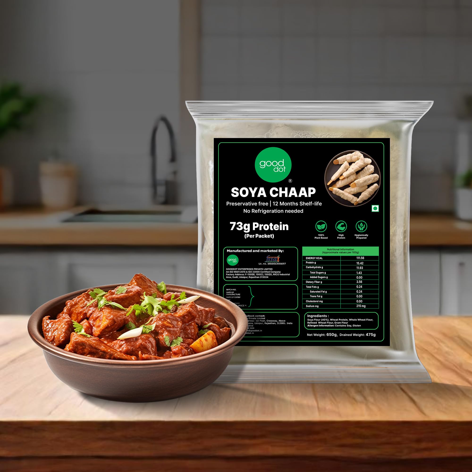 GoodDot Soya Chaap Pack of 2 | 1300g | 73g Protein | Plant-Based Mock Meat | Ready to Cook | Vegan Protein Food | Preservative Free | 12 Month Shelf Life | No Refrigeration Needed 3