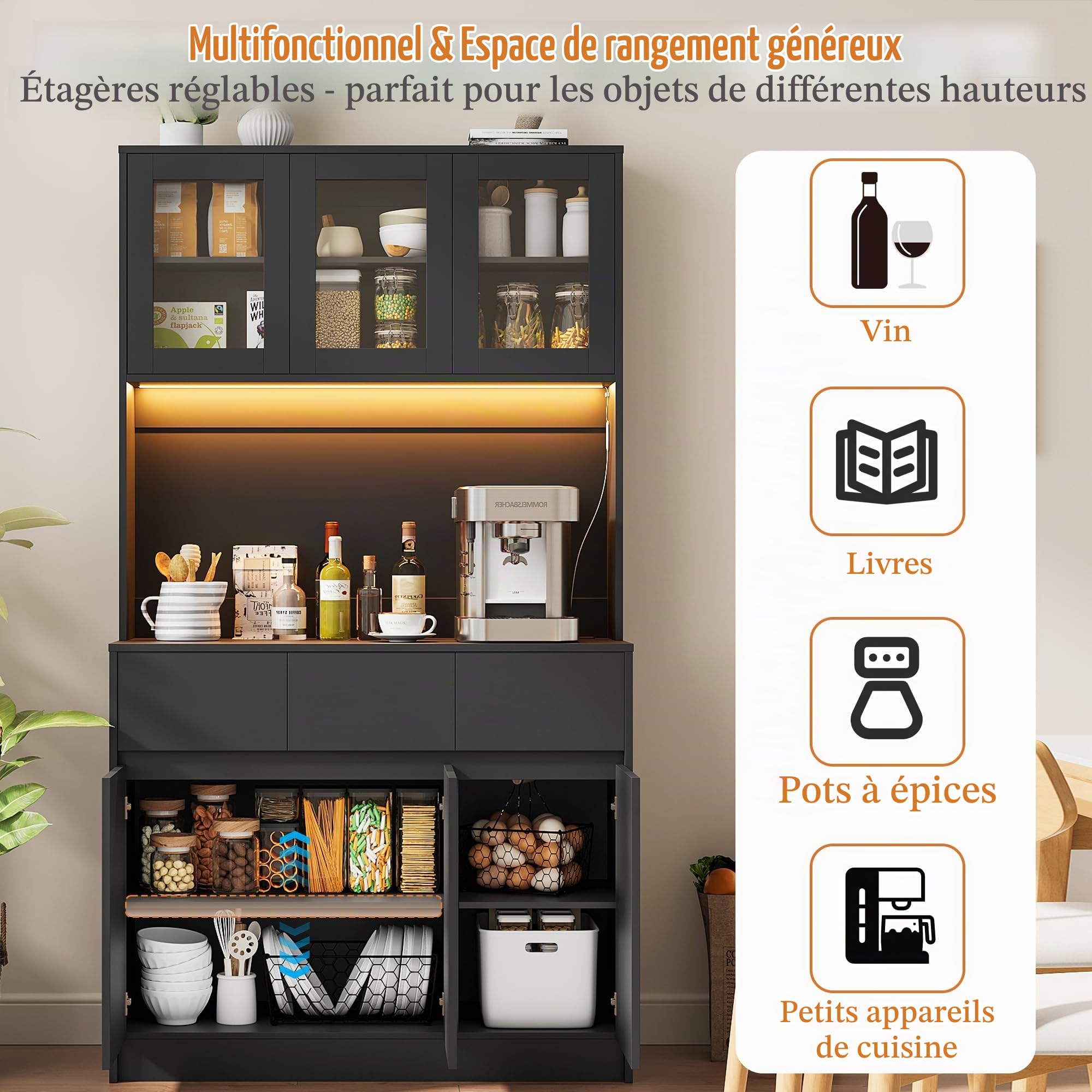 Armoire de cuisine buffet avec buffet L-E-D pour cuisine avec station de charge, armoire haute avec plan de travail et 3 tiroirs, buffet de cuisine avec étagère réglable pour salle à manger