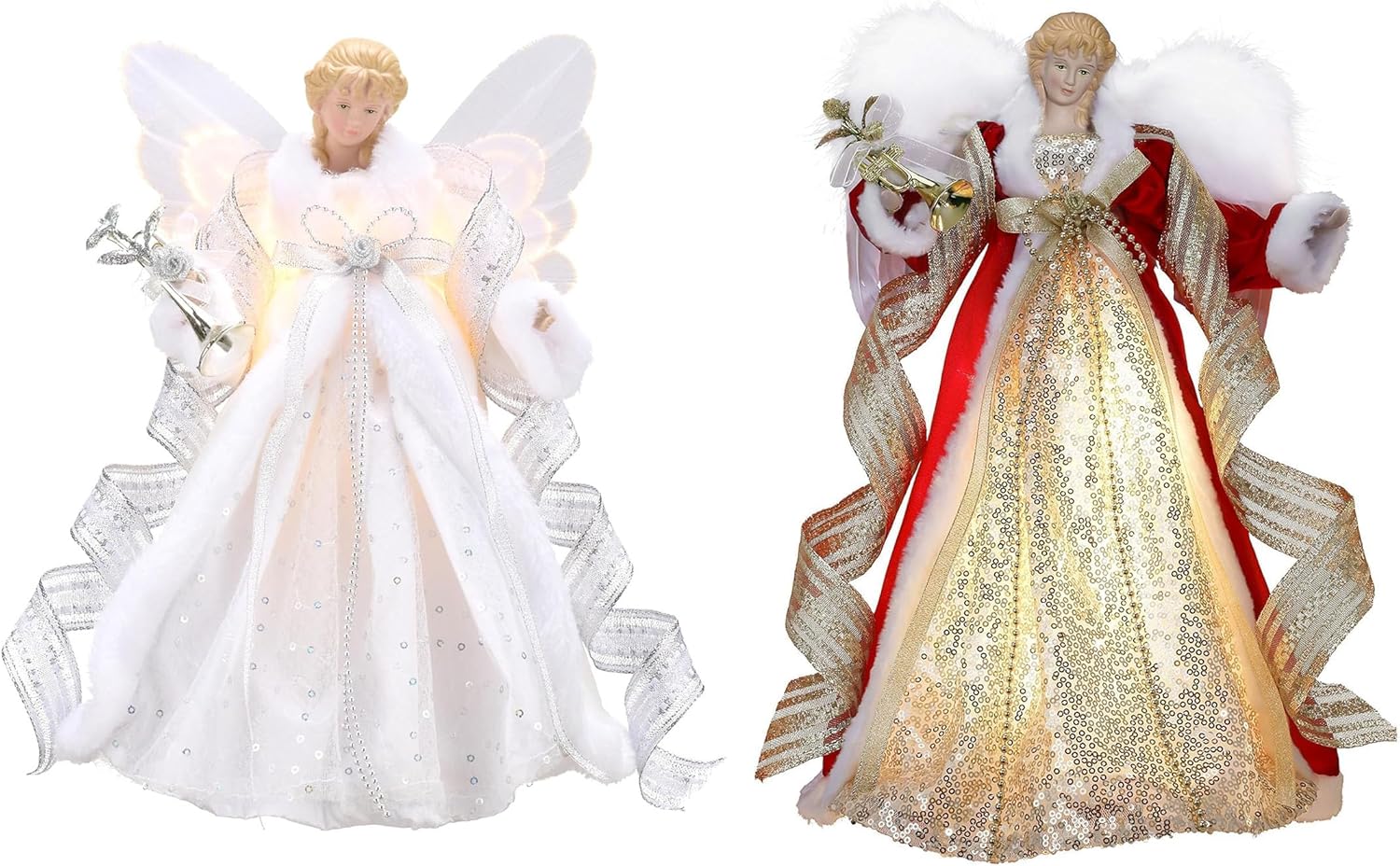 Valery Madelyn Lighted Christmas Angel Tree Topper with Timer&Luxury Red Gold Fabric Angel Tree Top Figurine（2 Items Buddle