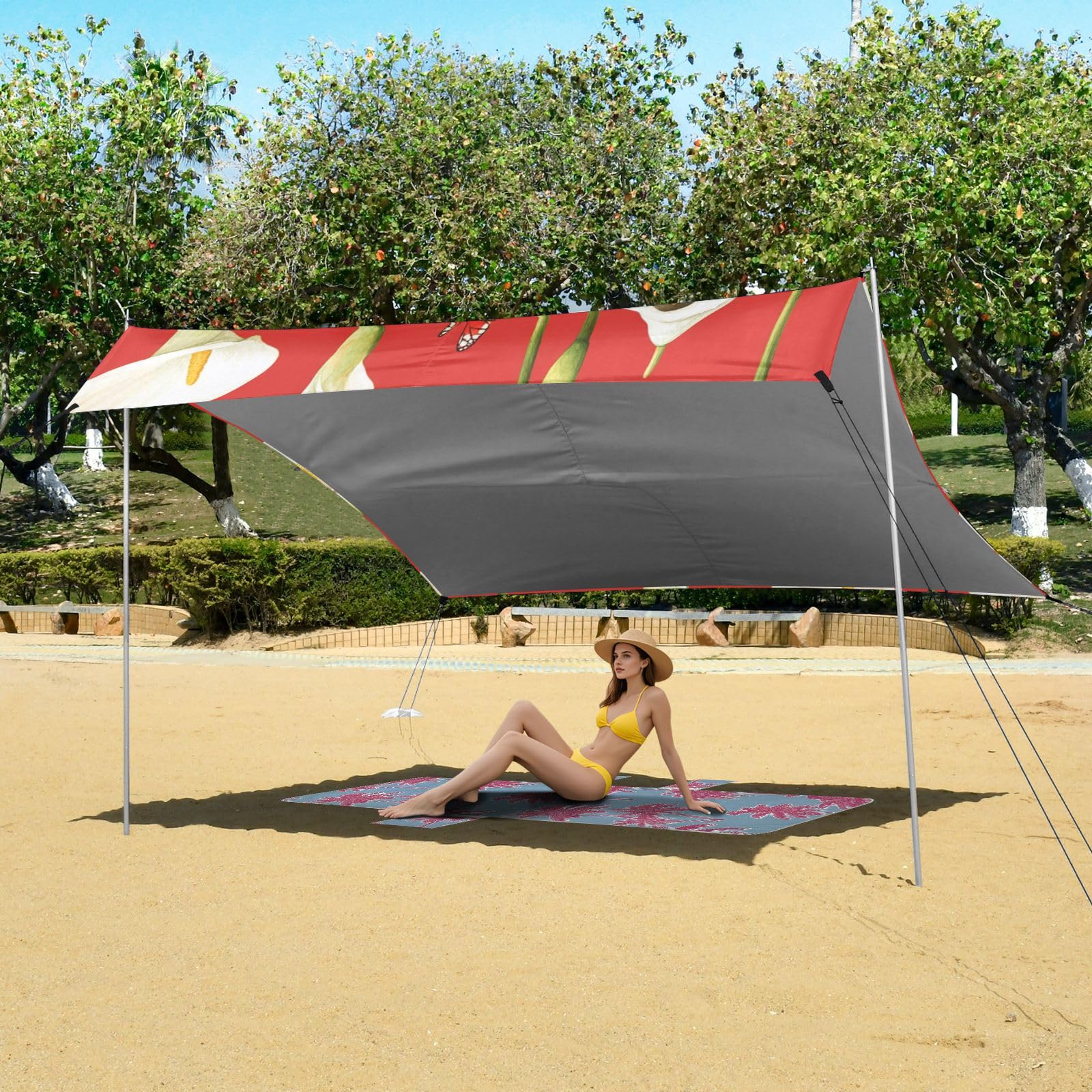 Cabaña de playa plegable con diseño de lirio de cala de dibujos animados, UPF50+, fácil instalación, con sacos de arena, pala de arena, postes para camping, picnics, patio trasero y pesca