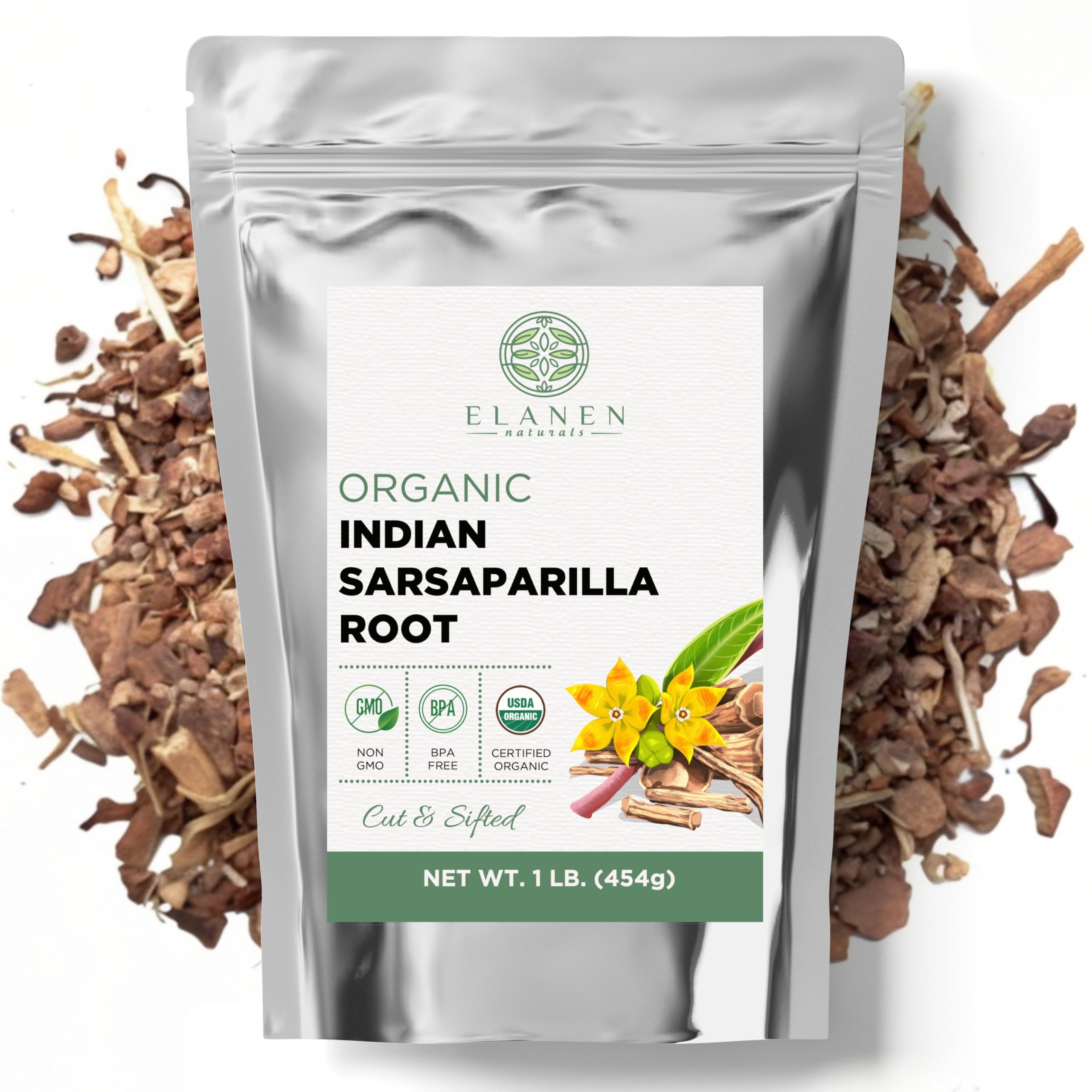 Elanen Naturals Organic Sarsaparilla Root 1 lb. (16 oz), USDA Certified Organic Indian Sarsaparilla Tea, Hemidesmus Indicus Sasparilla, Sarsparilla, Zarzaparrilla, Cut & Sifted