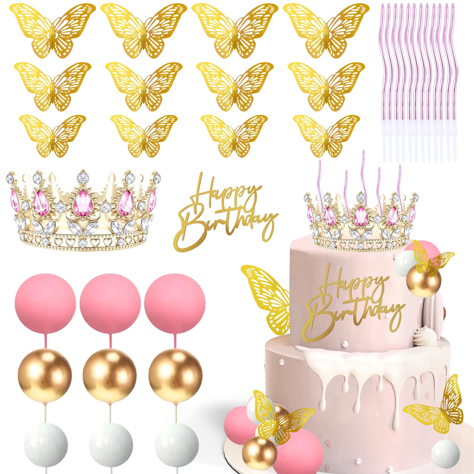Morofme Rosa Diamant Krone Tortendeko 35 Stück, mit Acryl Karte „Happy Birthday“ Cake Topper, Tortendeko Kugeln 3D Blitz Schmetterlings Prinzessin Krone für Torte für Hochzeit Geburtstag Thema Party