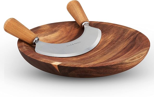 Cole & Mason H722130 Ashden Mezzaluna & Round Chopping Board Set | Herb Chopper Rocker/Fresh Herb Cutter/Serving Board | Acacia Wood/Stainless Steel | Not Suitable For The Dishwasher