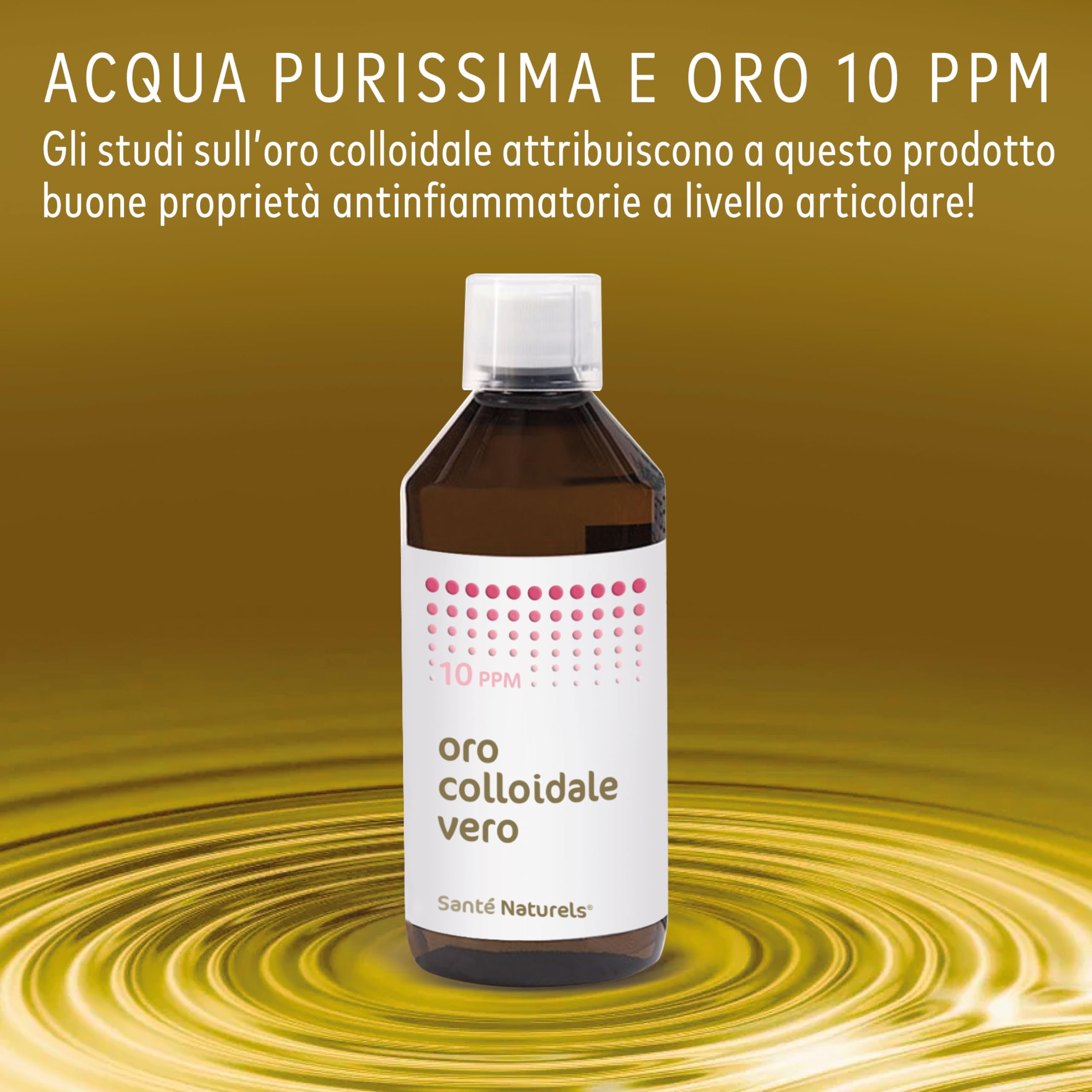 Oro Coloidal Verdadero ● 10 ppm 500 ml ● Particulado no Iónico con Pipeta Cuentagotas y Tapón Cuentagotas ● Made in Italy