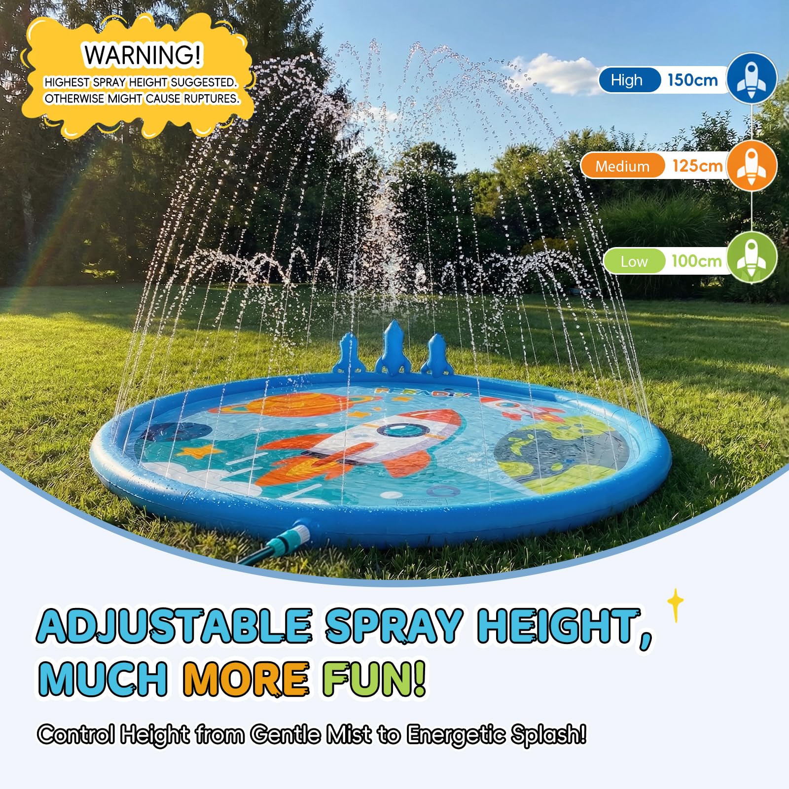 Peradix Alfombra de juego con aspersores de cohetes y juego de lanzamiento de anillos para niños – Alfombra de juegos de agua con 6 gusanos (3 rojos, 3 azules) para exteriores, antideslizante, para