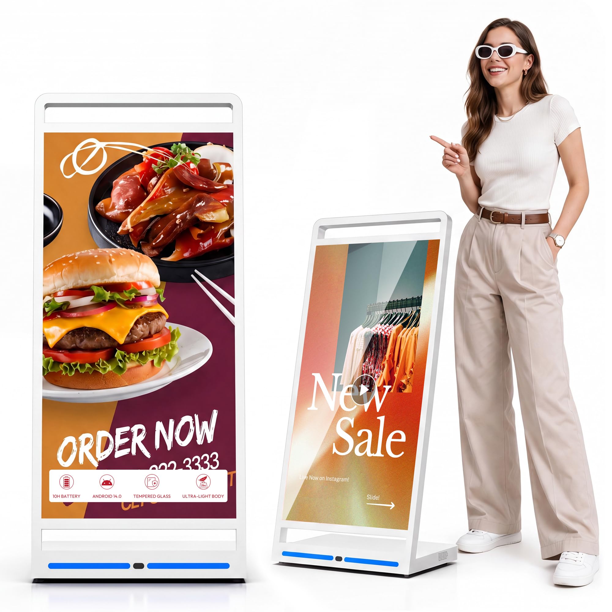 43 Zoll Digitaler Kundenstopper, Faltbarer Full HD LCD Werbeaufsteller mit Android 14, Fahrbares Werbedisplay mit Rollen, Kostenloses CMS, Mobiler Digital Signage Kiosk, USB/WiFi/HDMI
