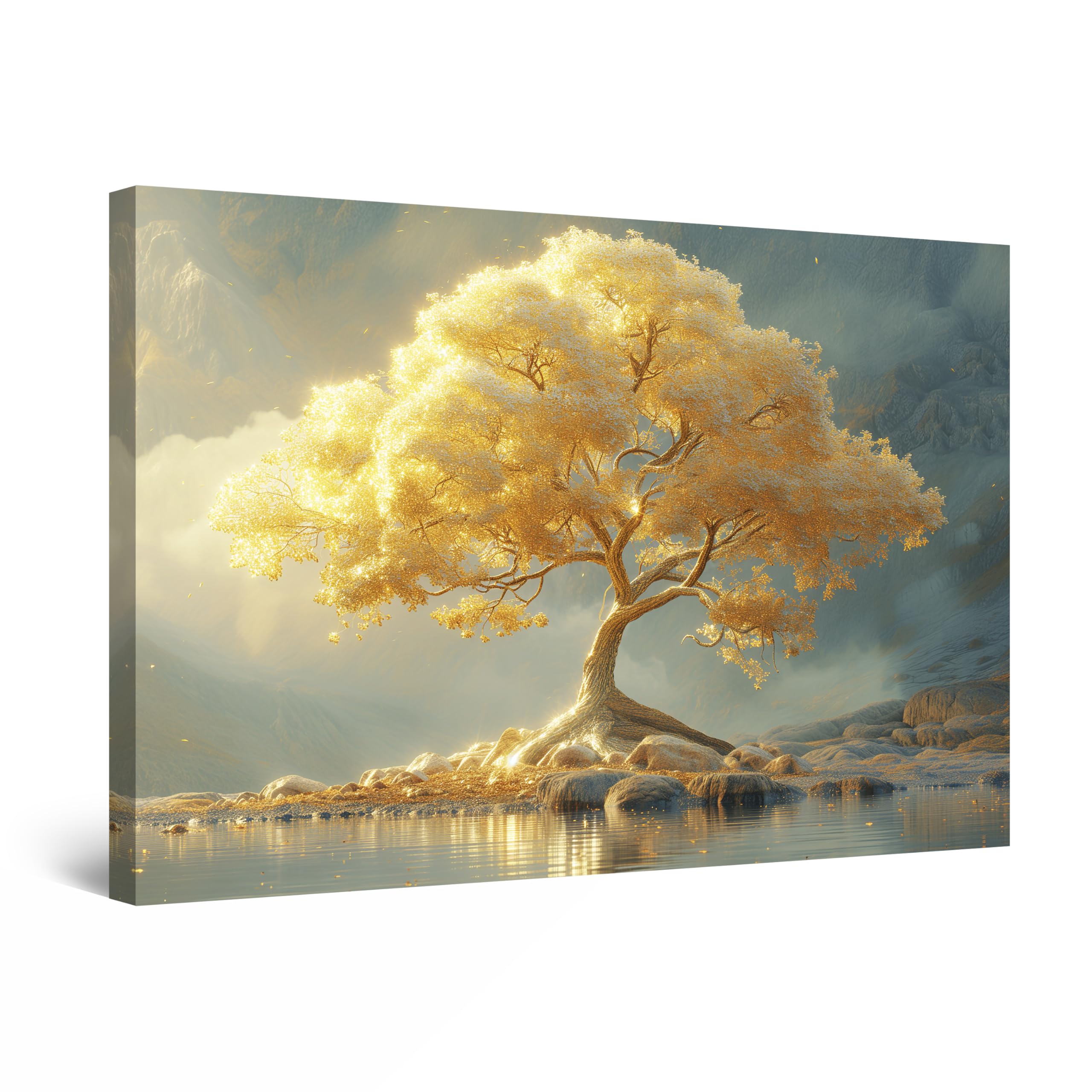 Startonight Tableau Abstrait Impression sur Toile Lumineux - Arbre de Vie Jaune Clair - Décoration Murale Moderne pour Salon - Grande Image sur Toile 80x120 cm - Idée Cadeau Élégante et Originale