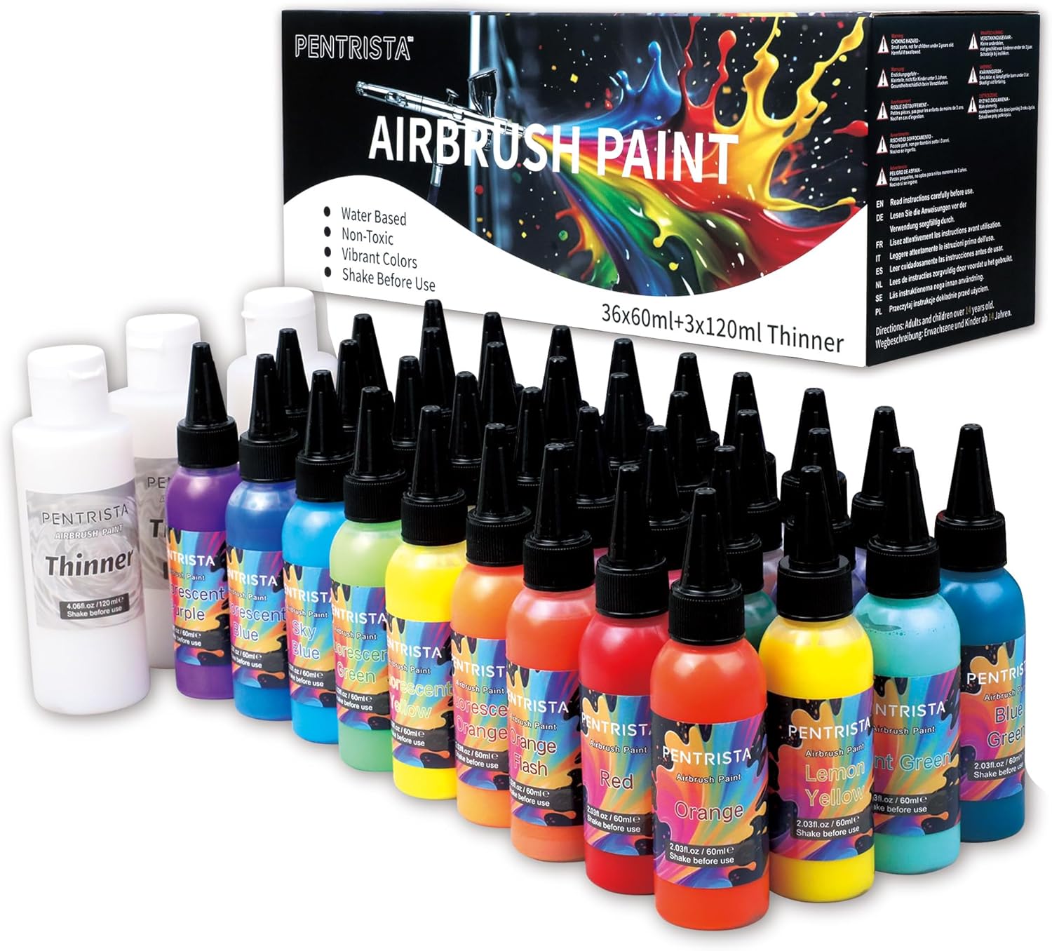 PENTRISTA 60ml Airbrush Paint – 36 Colors (2.03oz Each) + 3pcs Thinner 120ml, Air brush Paint set with Flash Neon & Metallic Colors，Acrylic Airbrush Paint for Nail Art, Model Car, Wood, Canvas,T-Shirt