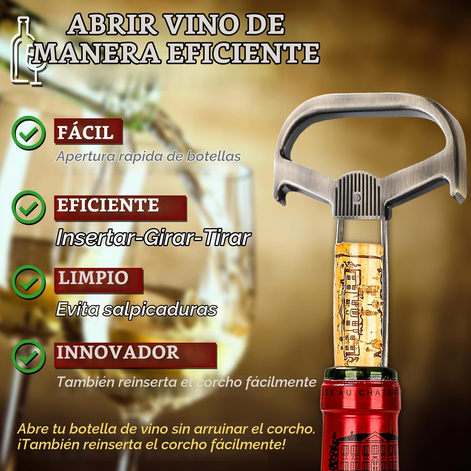 Ah So Abridor de Botellas de Vino, Sacacorchos para Vinos Antiguos con Funda de Piel Portátil, Extractor de Corcho de Dos Puntas, Regalo Ideal para Amantes & Conocedores de Vinos (Bronce1)