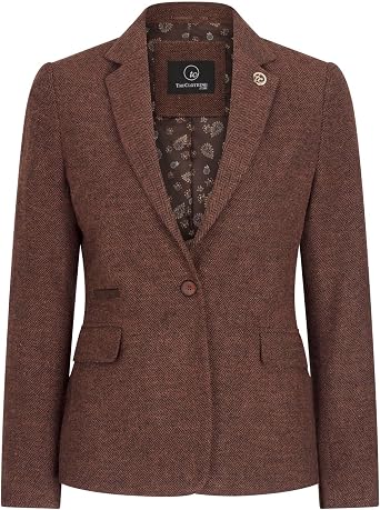 Ladies Blazer Tweed Herringbone Wool Classic Smart Casual Vintage Rust Brown