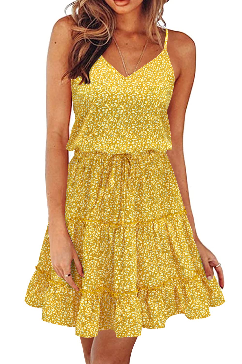 NewshowsWomen's Summer Spaghetti Strap Dresses Floral Print/Solid Sleeveless V Neck Holiday Party Sundress