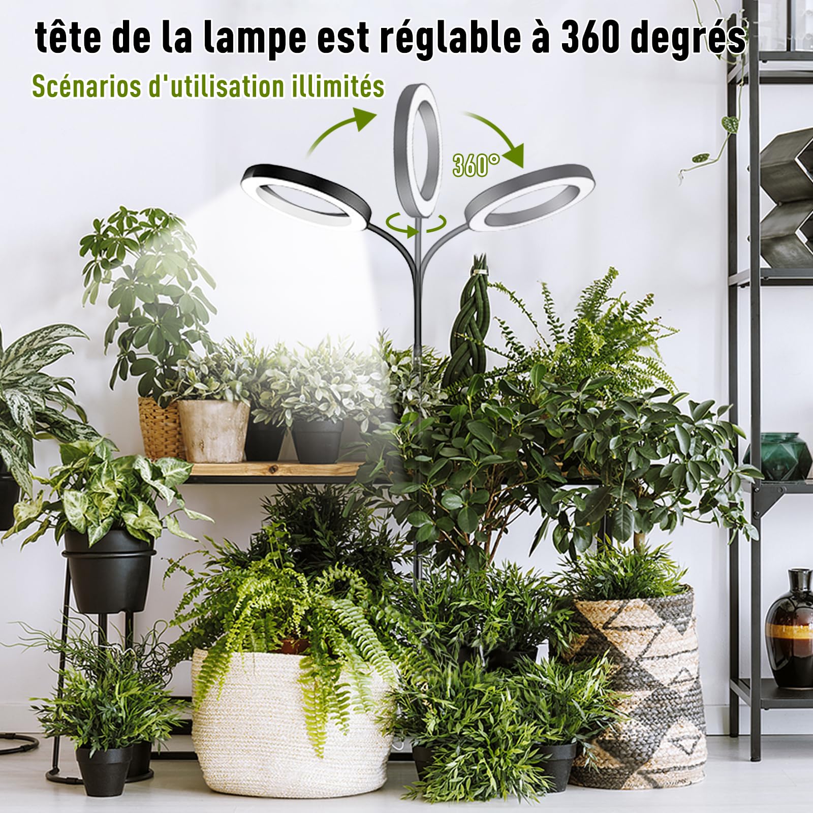 Lampe Horticole LED, Spectre Complet 380-800nm avec Minuterie 6/12/16H, 3 Modes & 10 Niveaux de Luminosité, Hauteur Réglable 57-170cm, pour Plantes d'Intérieur, Livrée avec Timer et Adaptateur