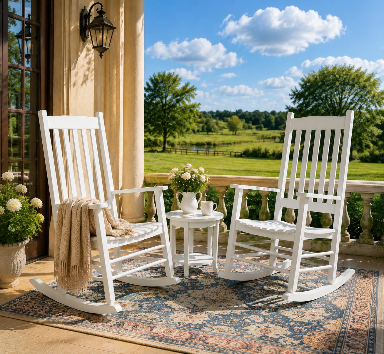 MAMIZO Sedia a dondolo in legno per esterni con schienale alto, sedia a dondolo per interni oversize, facile da montare, per giardino, prato, balcone, veranda (bianco, 2 pezzi)