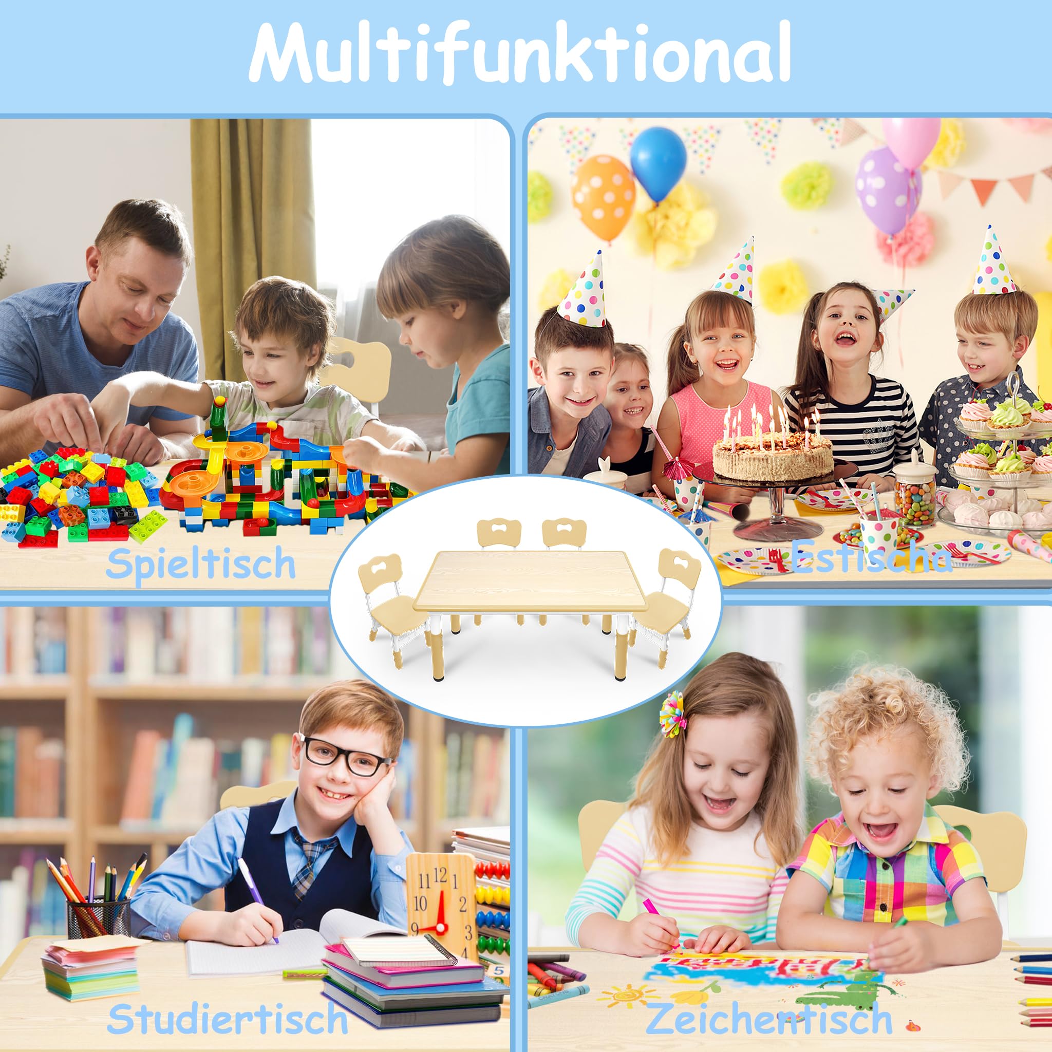 LARS360 Set da Tavolo per Bambini con 4 Sedie Regolabili, Set Tavolo Bambini in HDPE&ABS, Mobili Multifunzionali per Bambini a partire da 2 anni (120 x 60 x 60 cm, Colore Legno)