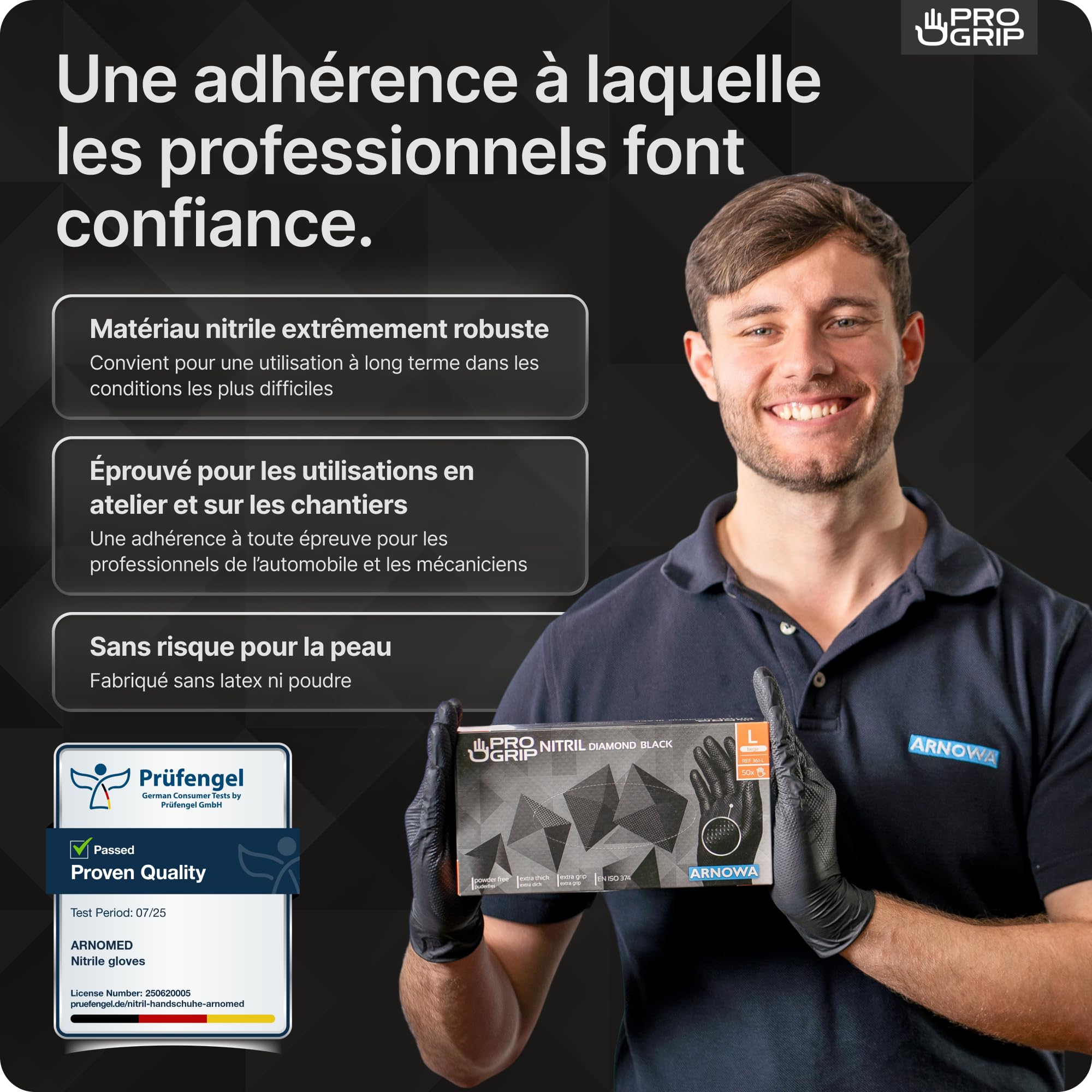 PROGRIP Gants nitrile taille L Noir double épaisseur texture diamantée usage unique atelier industrie montage