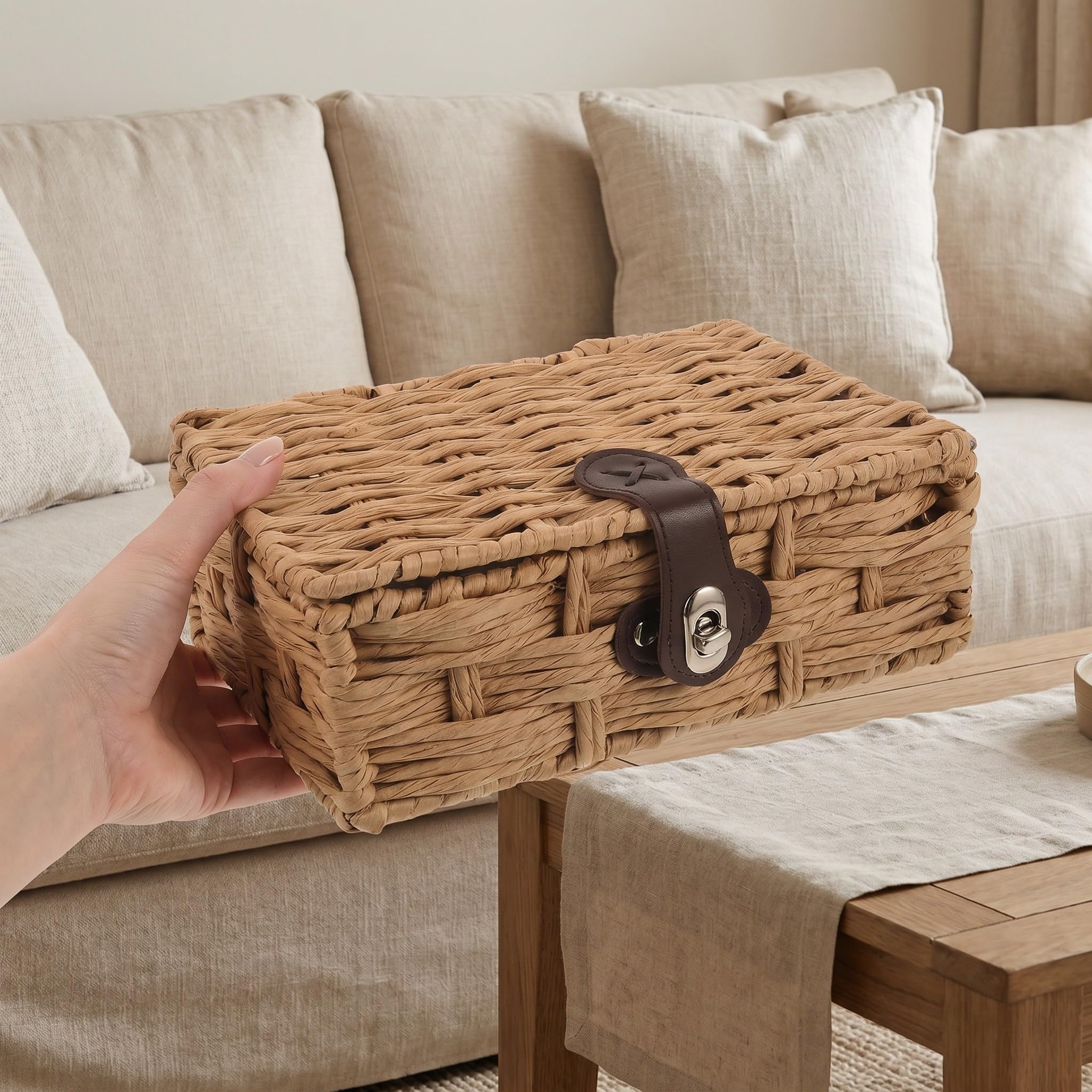Caja de Almacenamiento Tejida con Tapa, Pequeña, Apilable y Portátil