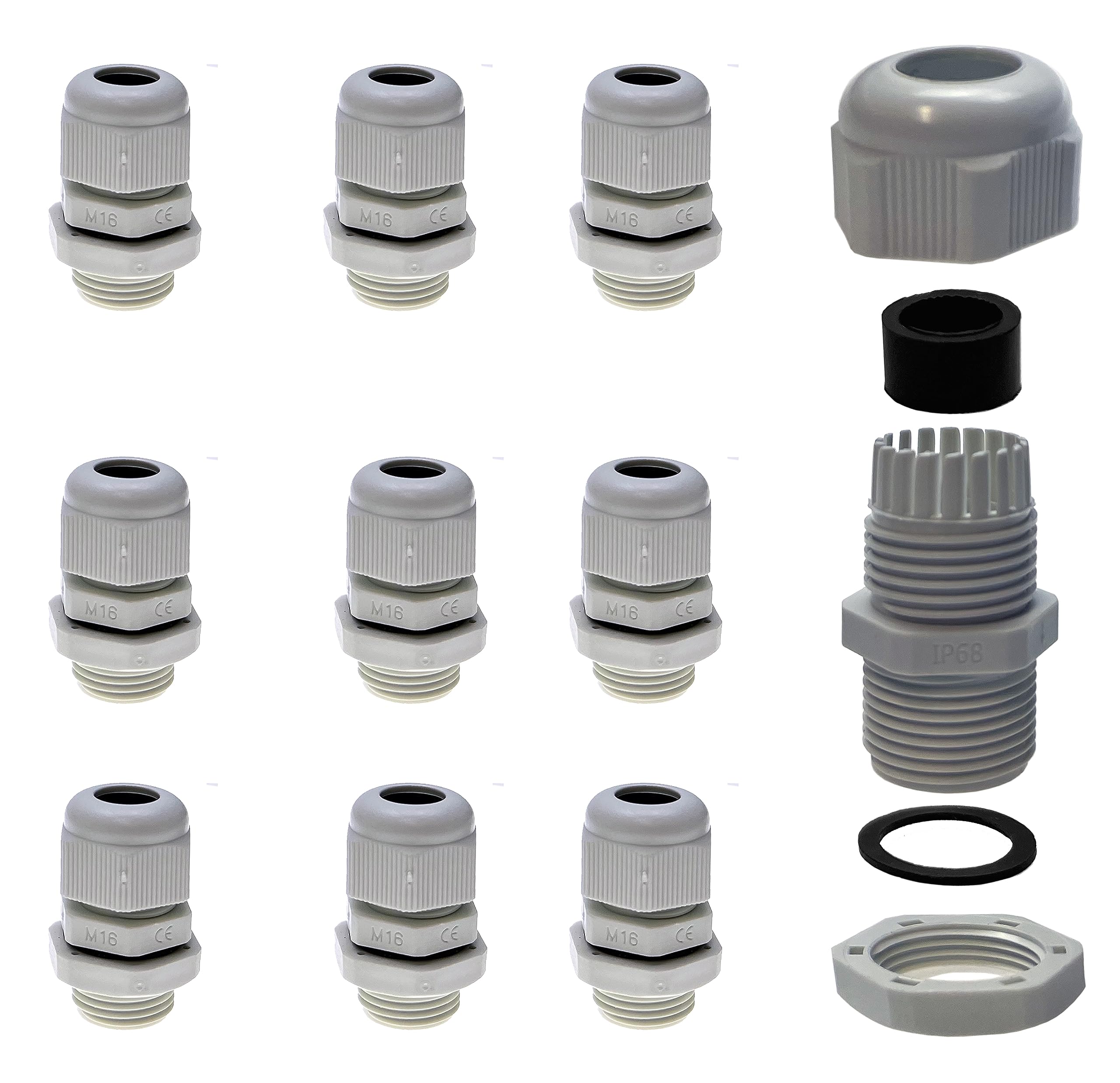 Alkan Lot de 10 presse-étoupes en plastique M16 x 1,5 IP68 gris 5-10 mm | Passage de câble métrique en plastique gris avec contre-écrou, étanche IP68, pour câble Ø 5-10 mm