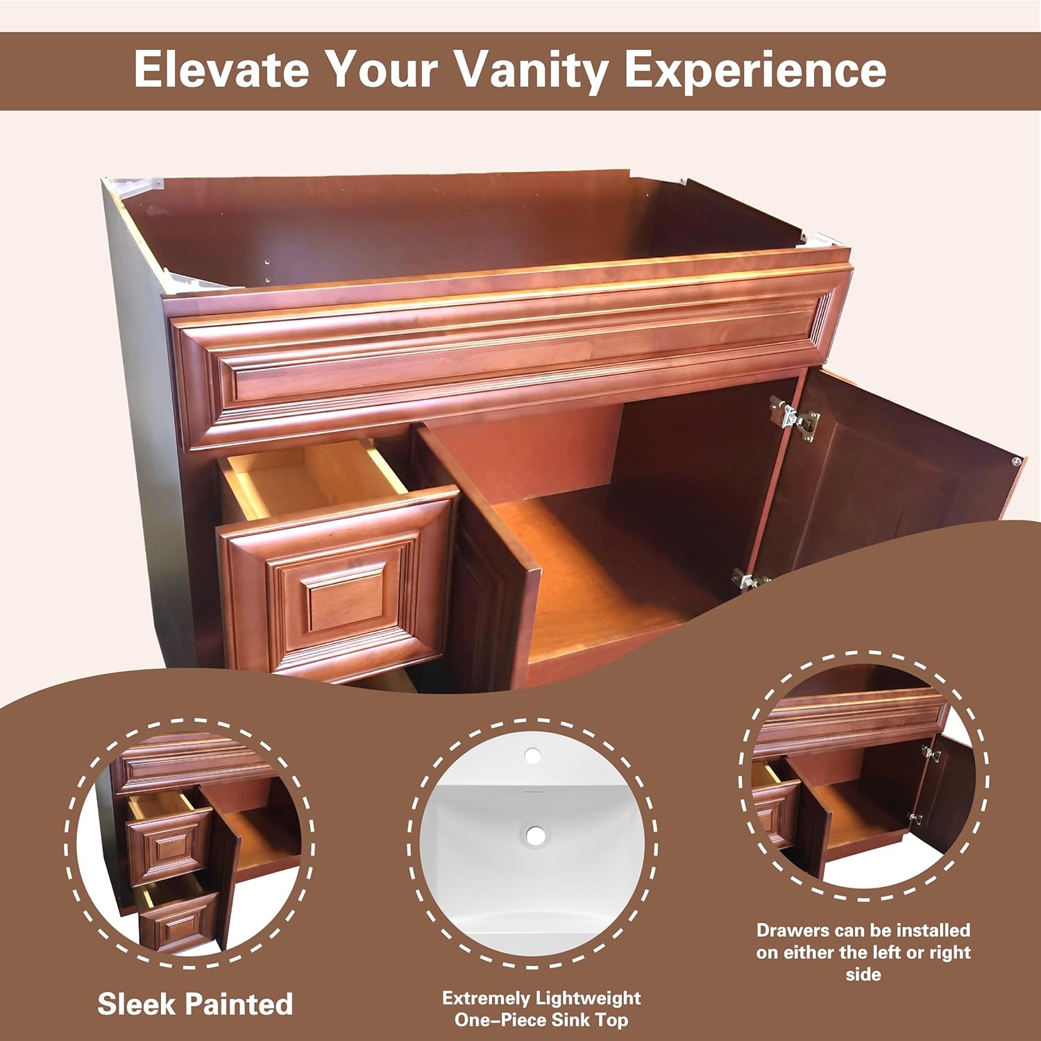 36" Maple Walnut Bathroom Vanity with Sink – Solid Surface One-Piece Top, Soft-Close Doors, Polyurethane Nano Resin Sink, Pre-Drilled Faucet Hole, Modern Bath Vanity Cabinet Set