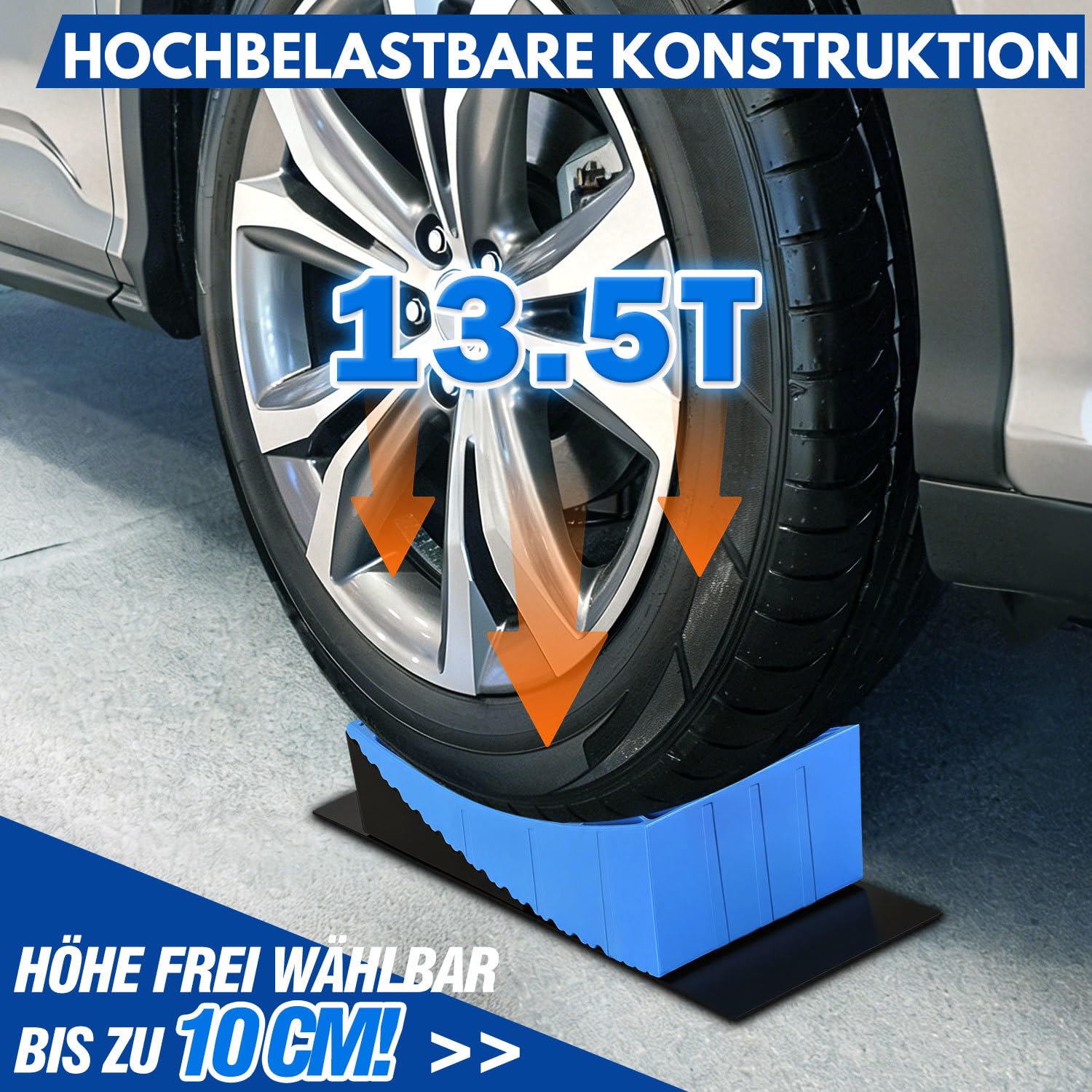 Lot de 2 cales de levage pour camping-car 13,5 t - 8 niveaux de compensation de hauteur de 2 à 10 cm - Double système antidérapant en polyéthylène haute densité - Avec tapis en caoutchouc et niveau à