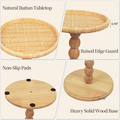Miniatura 6 de Mesa auxiliar redonda, mesa pequeña de madera maciza para espacios pequeños, mesa auxiliar de ratán bohemio para sala de estar, mesa decorativa