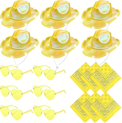 Unittype Paquete de 18 sombreros de vaquero, sombrero de vaquera para novia, sombrero LED de vaquero espacial con 6 gafas, 6 bandana para mujer,