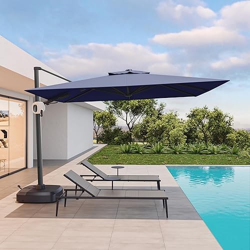 EAST OAK and Flame&Shade Patio Umbrella, 9x11.5ft Rectangular Outdoor Umbrella, Large Offset Cantilever Umbrella with 360° Rotation, Heavy Duty Windproof and UV Resistant Sun Umbrella for Proch, Garden, Night Blue