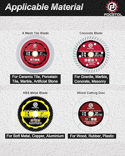 Miniatura 4 de FOCSTOL Juego de hojas de sierra de diamante - 4 piezas de 3'' (75mm) disco de corte para azulejos de porcelana, madera, hormigón, metal para