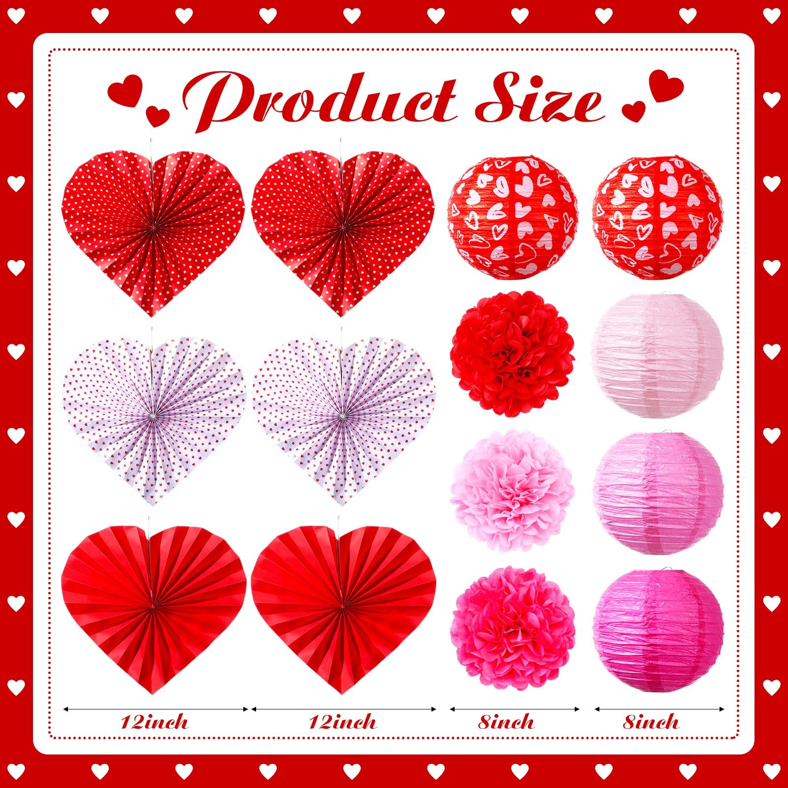 14 Pcs Valentine's Day Decoration Set Include Valentine's Day Hanging Paper Lanterns Tissue Pom Poms Decor Hanging Heart Paper Fan for Party Supplies