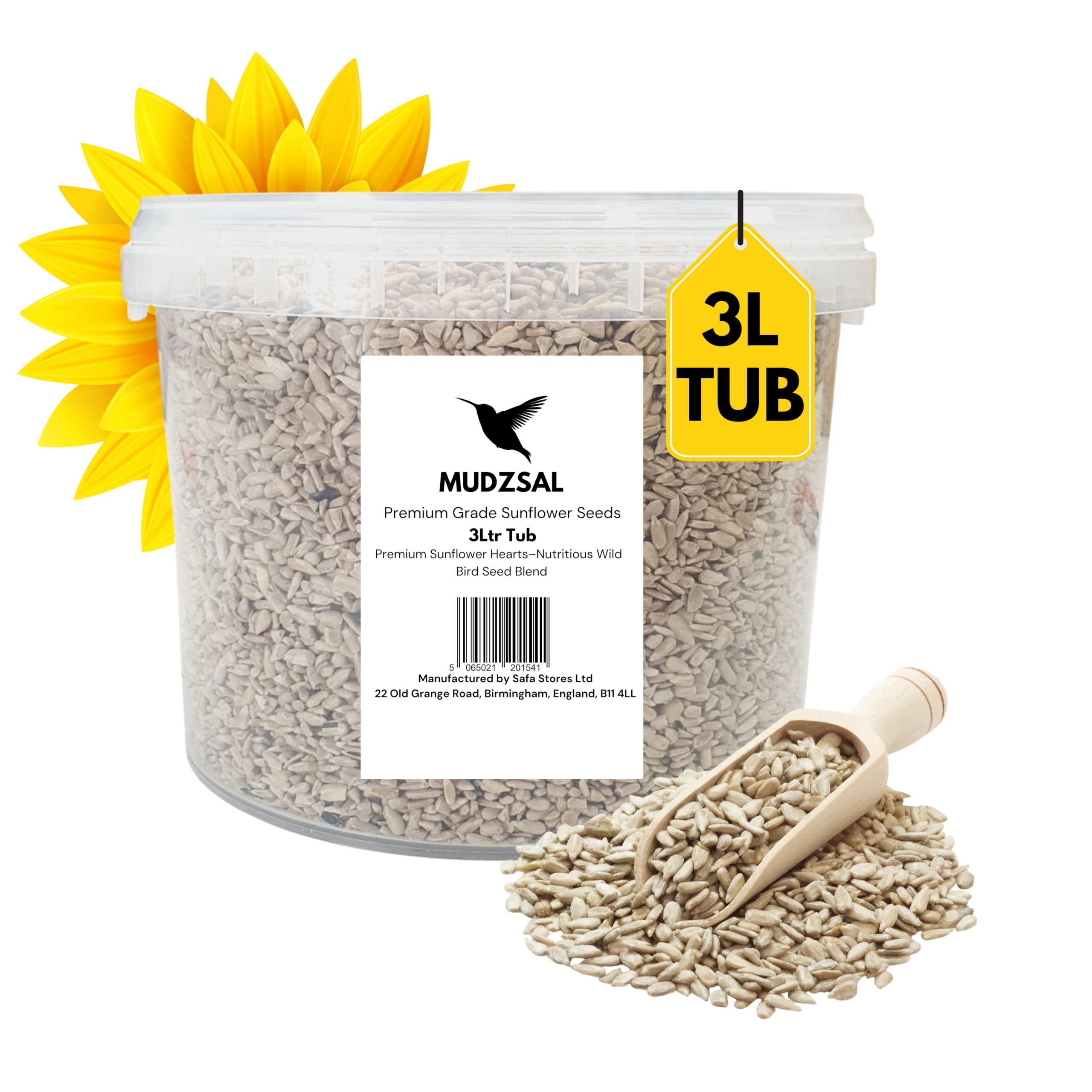 3L Tub Premium Sunflower Heart Seeds Wild Bird Food – High Energy, No Mess Bird Feed